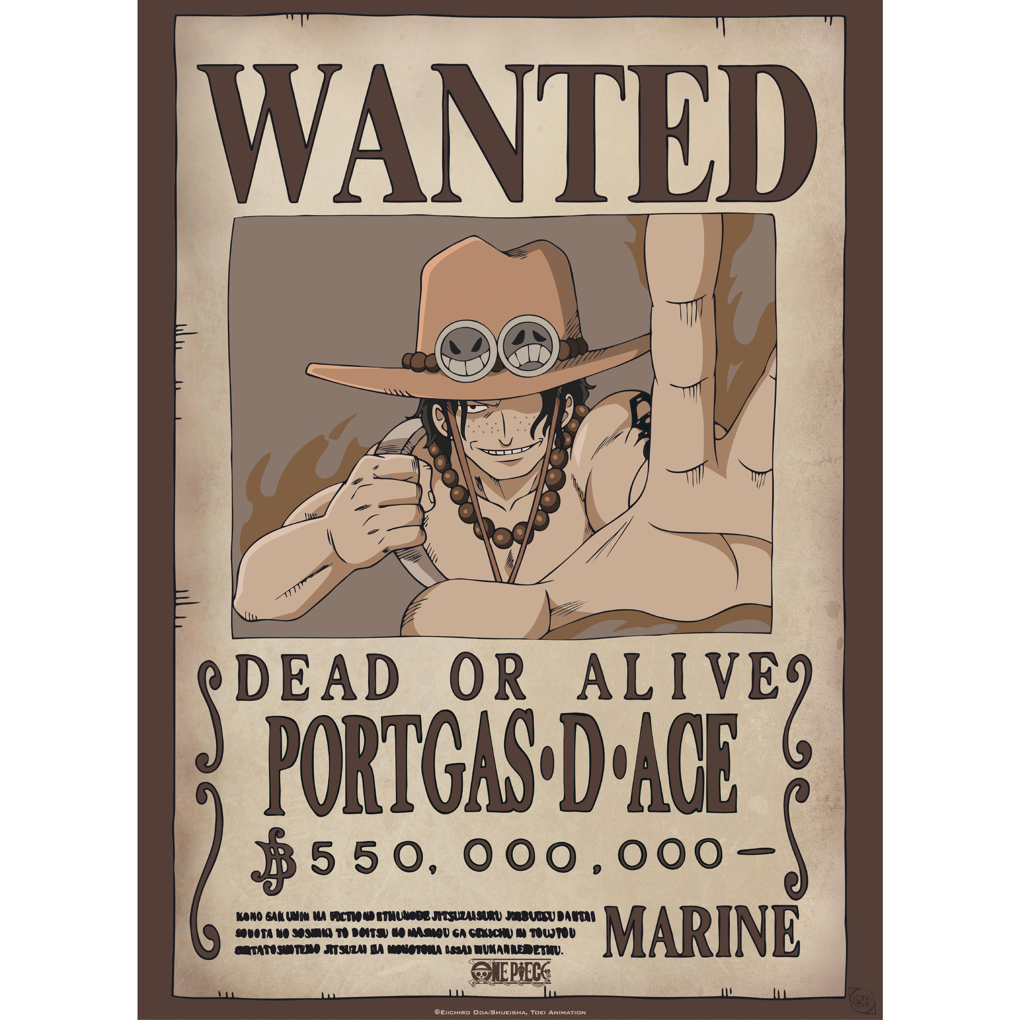 Gesucht-Poster von Portgas D. Ace mit einer Zeichnung von ihm und Text.