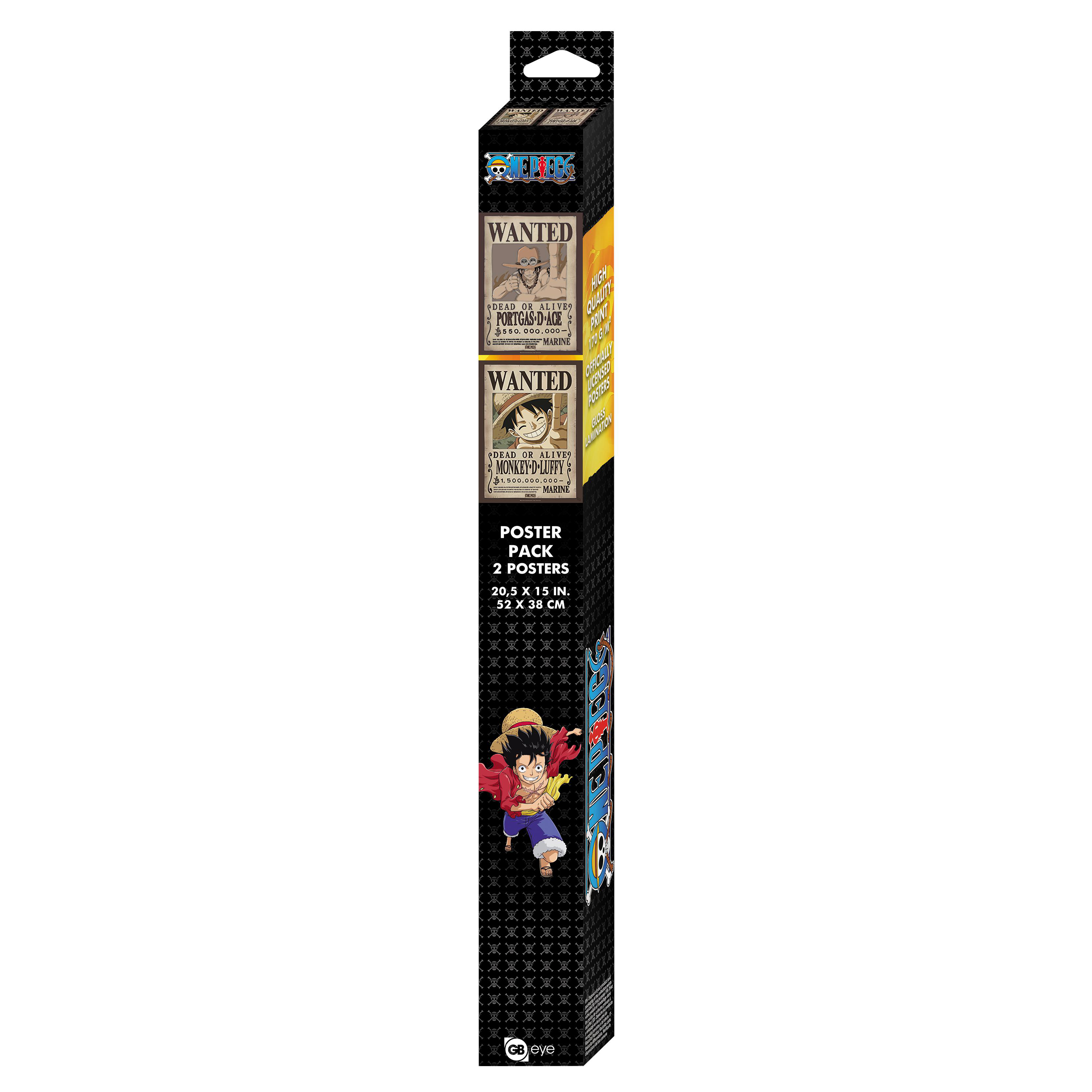 Ein Poster-Pack mit zwei Wanted-Postern und einer Luffy-Illustration auf schwarzem Hintergrund.