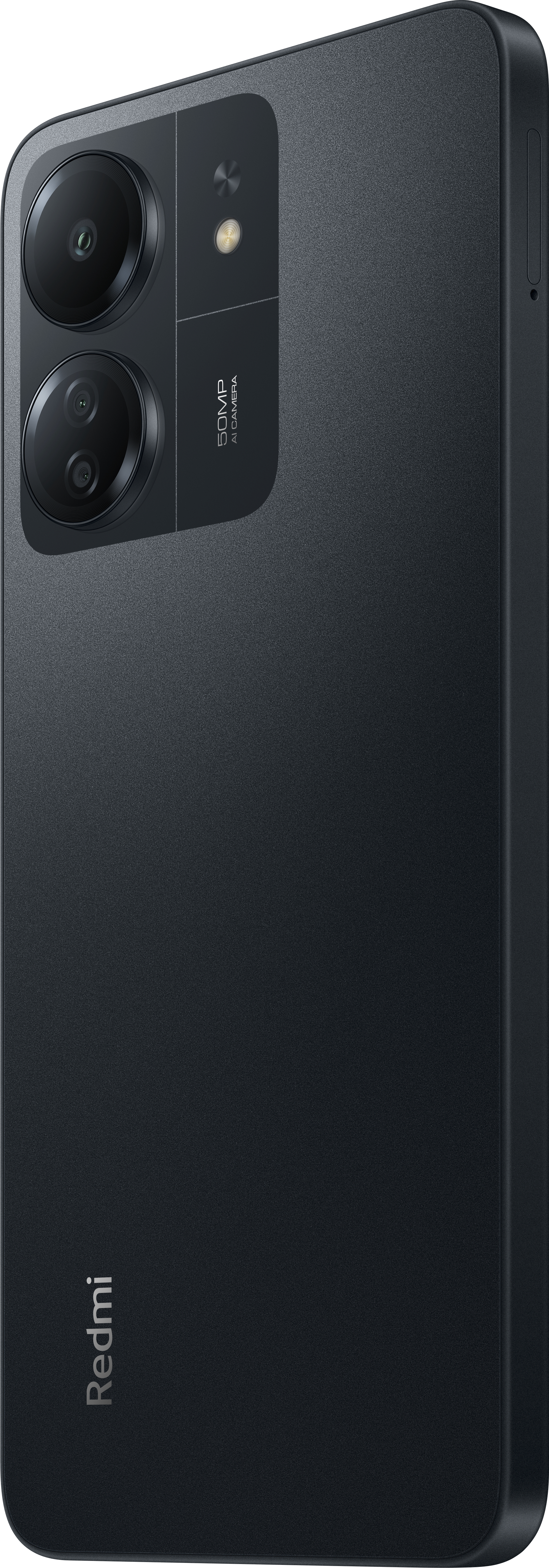 Schwarzes Smartphone mit zwei Kameras und dem Redmi-Logo auf der Rückseite.