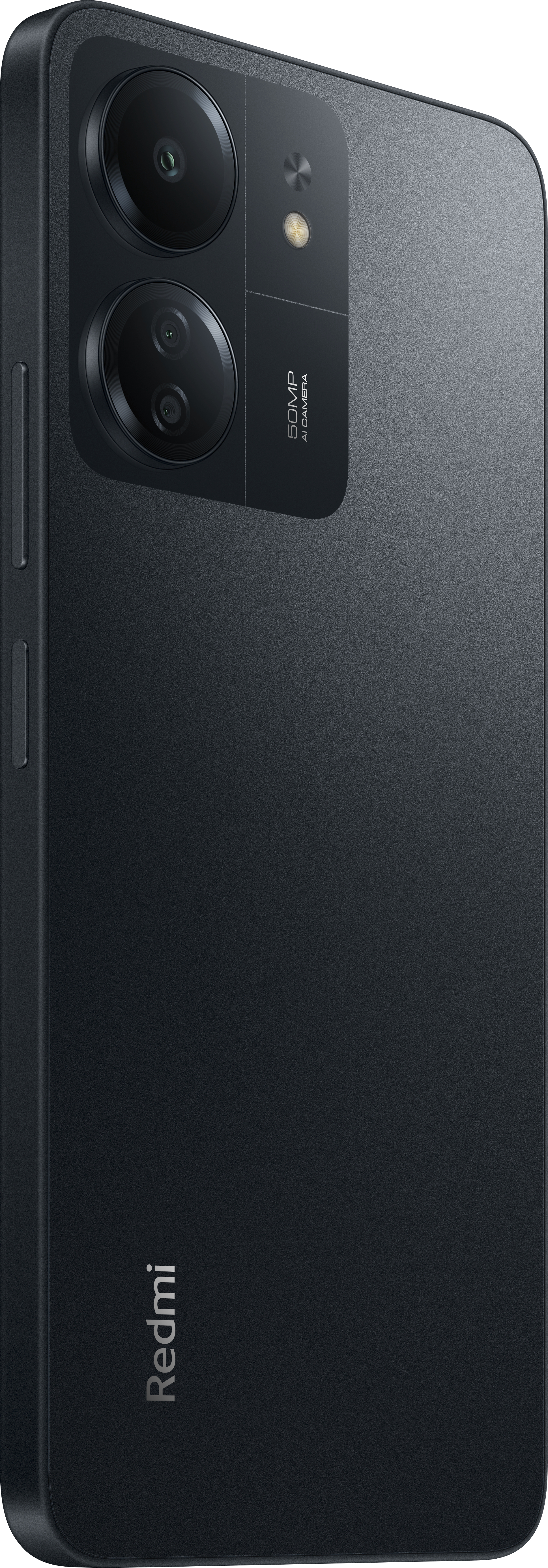 Ein schwarzes Redmi-Telefon mit zwei Kameras und dem Text '50MP AI CAMERA' auf der Rückseite.