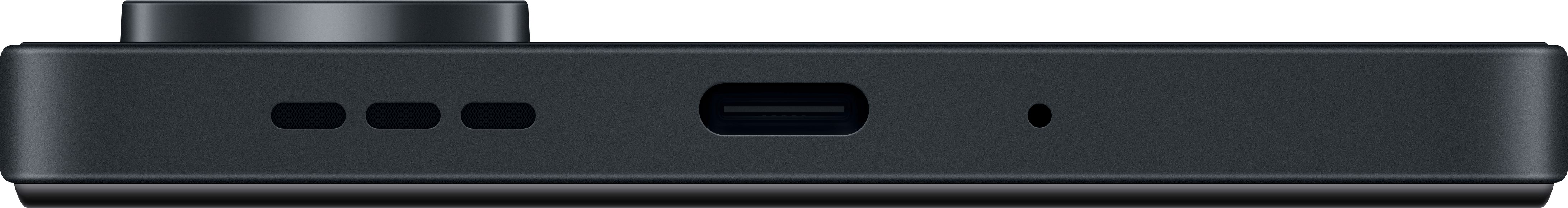 Nahaufnahme der Unterseite eines schwarzen Geräts mit drei Löchern, einem USB-C-Anschluss und einem kleinen Loch.