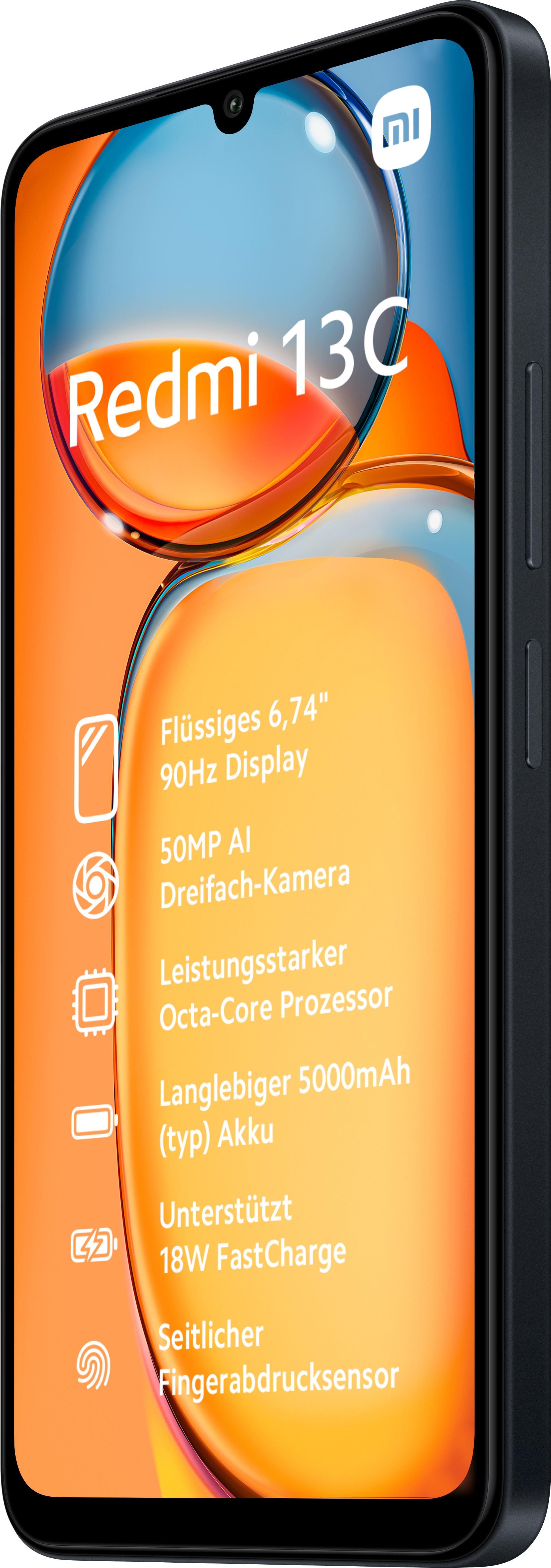 Ein schwarzes Redmi 13C-Telefon auf orangefarbenem Hintergrund mit Text über seine Funktionen, einschließlich einer 50MP-Kamera.