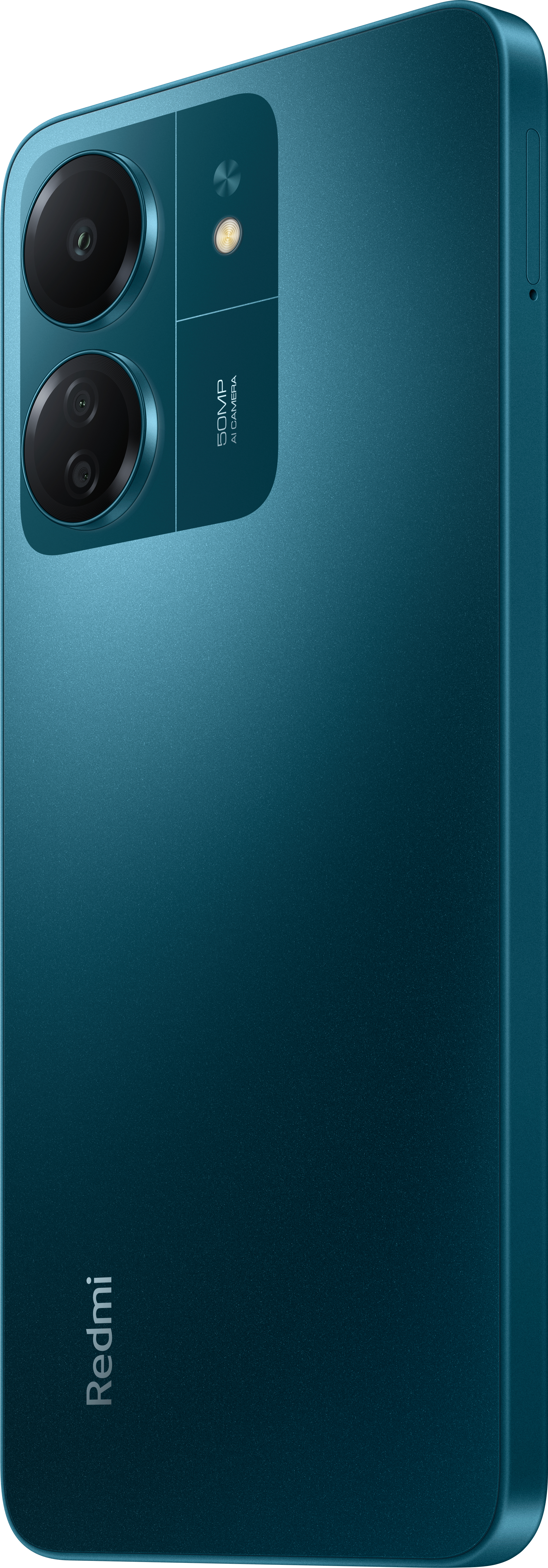 Türkisfarbenes Smartphone mit zwei Rückkameras. Das Redmi-Logo ist sichtbar.