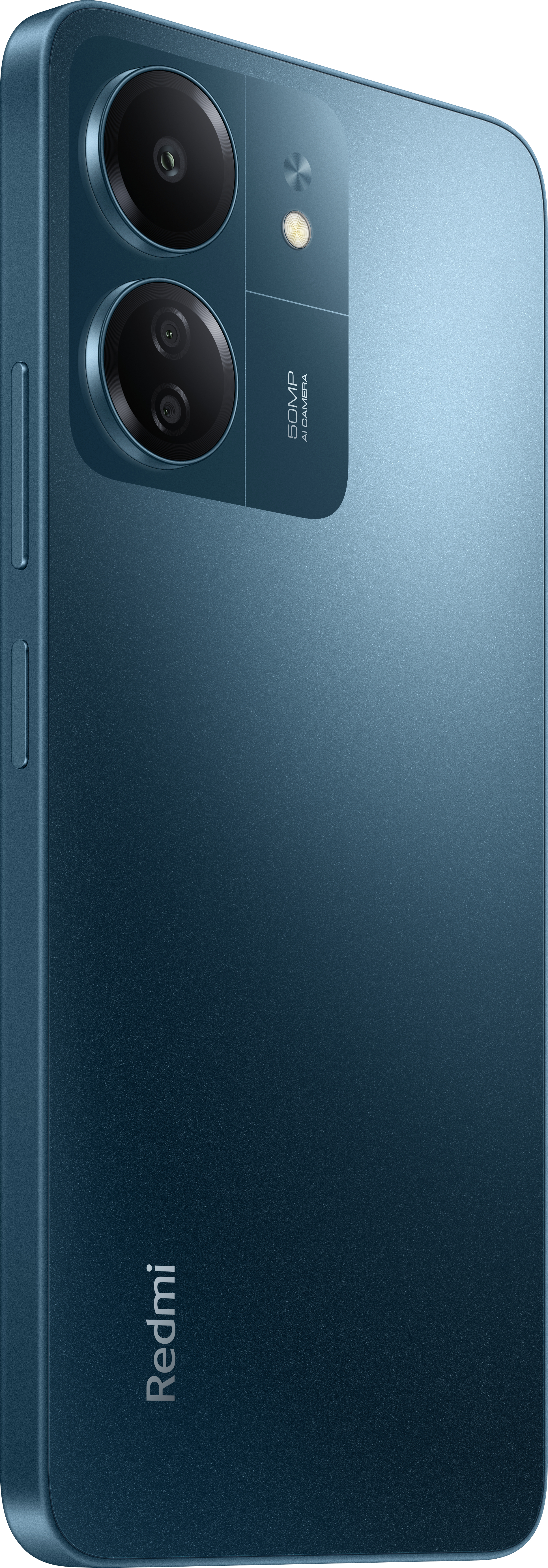 Blaues Telefon mit Dual-Kameras und Redmi-Logo.
