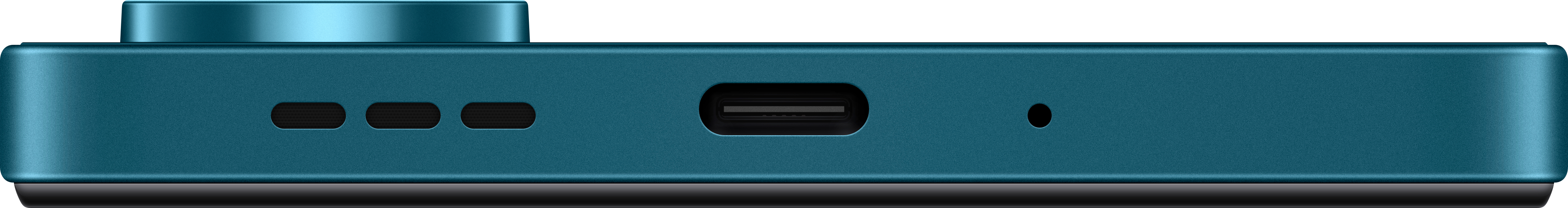 Nahaufnahme der Unterseite eines türkisfarbenen Geräts mit drei kleinen Löchern, einem USB-C-Anschluss und einem kleinen Punkt.
