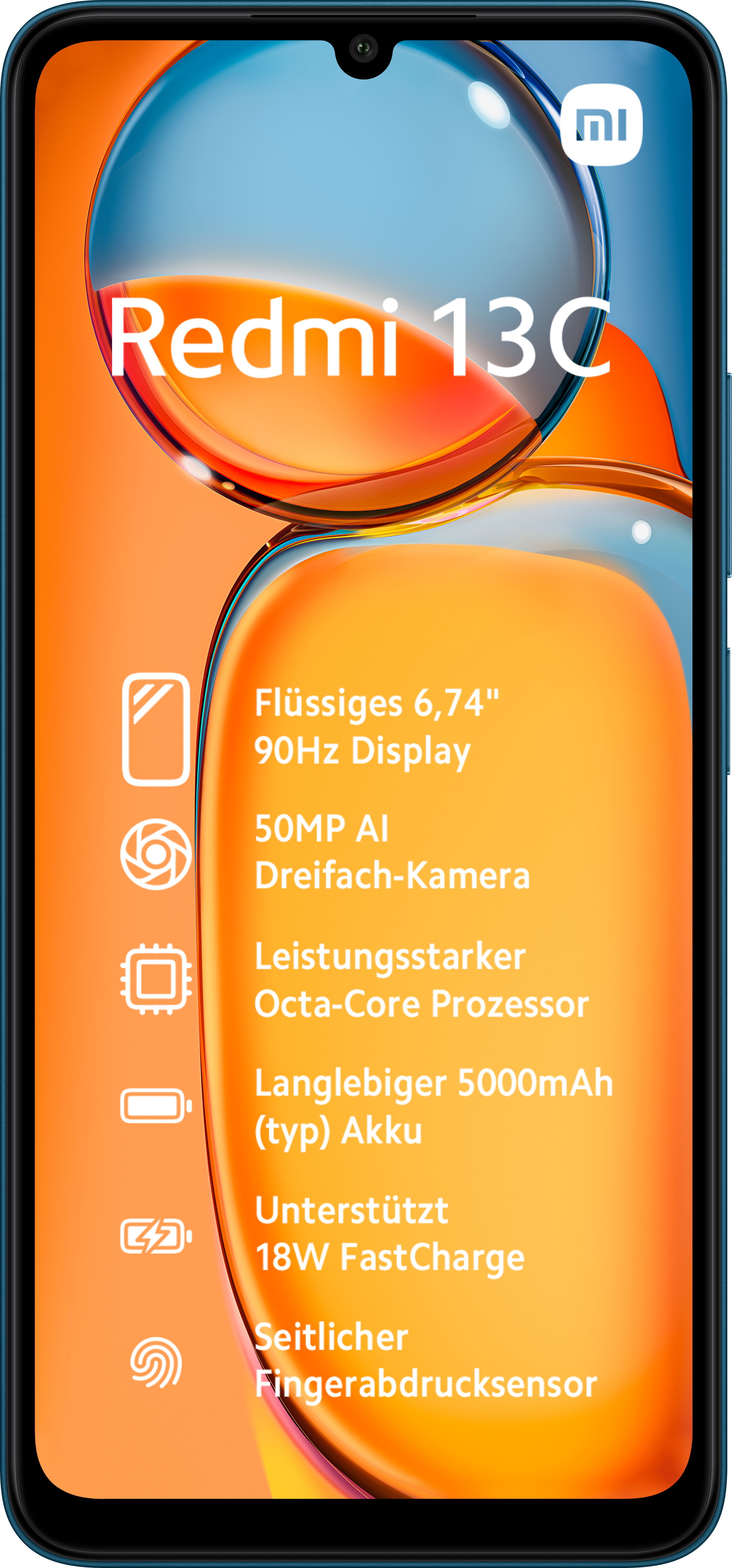 Blaues Smartphone mit orangefarbenem Hintergrund. Es hat einen großen Bildschirm und Text. Marke: Redmi.