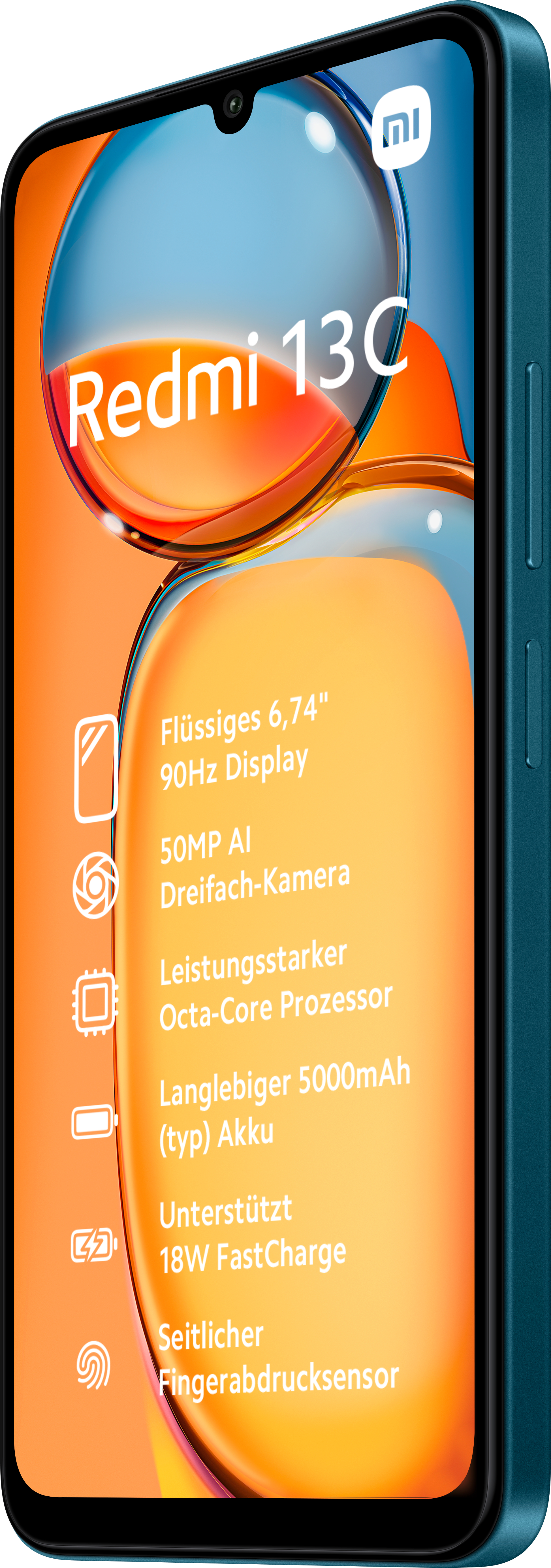 Blaues Smartphone mit Dreifachkamera, orange-blauem Hintergrund.