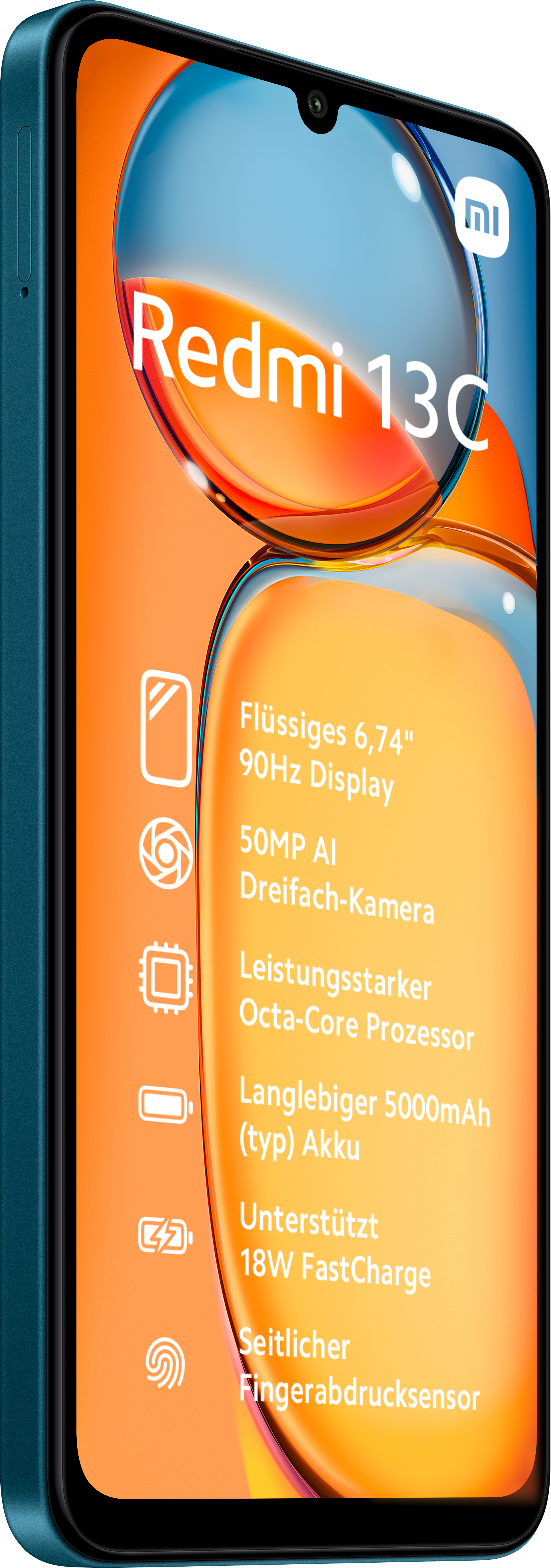 Ein türkisfarbenes Smartphone mit orangefarbenem Hintergrund, das das Modell Redmi 13C zeigt.