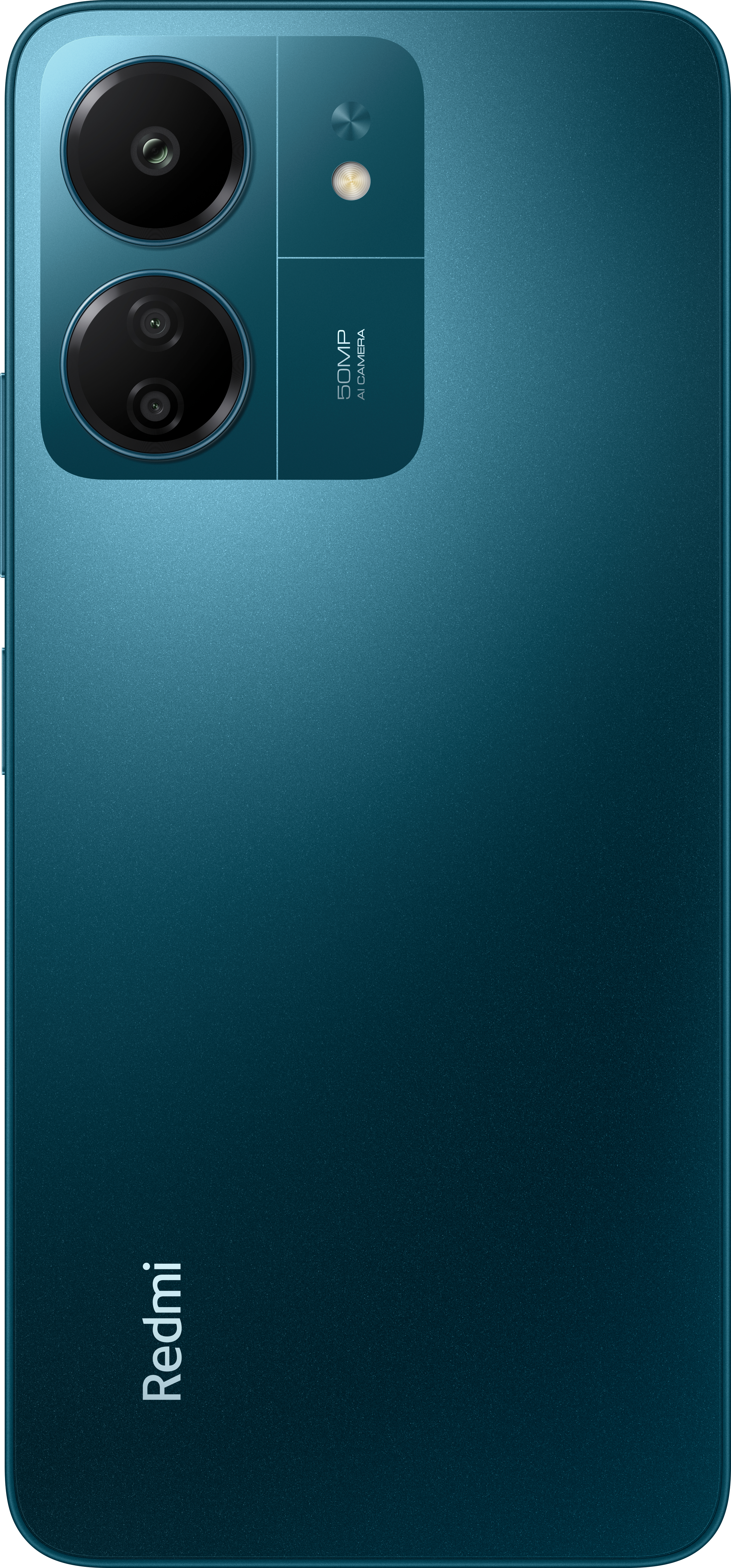 Blaues Telefon mit zwei Kameras und Redmi-Logo.