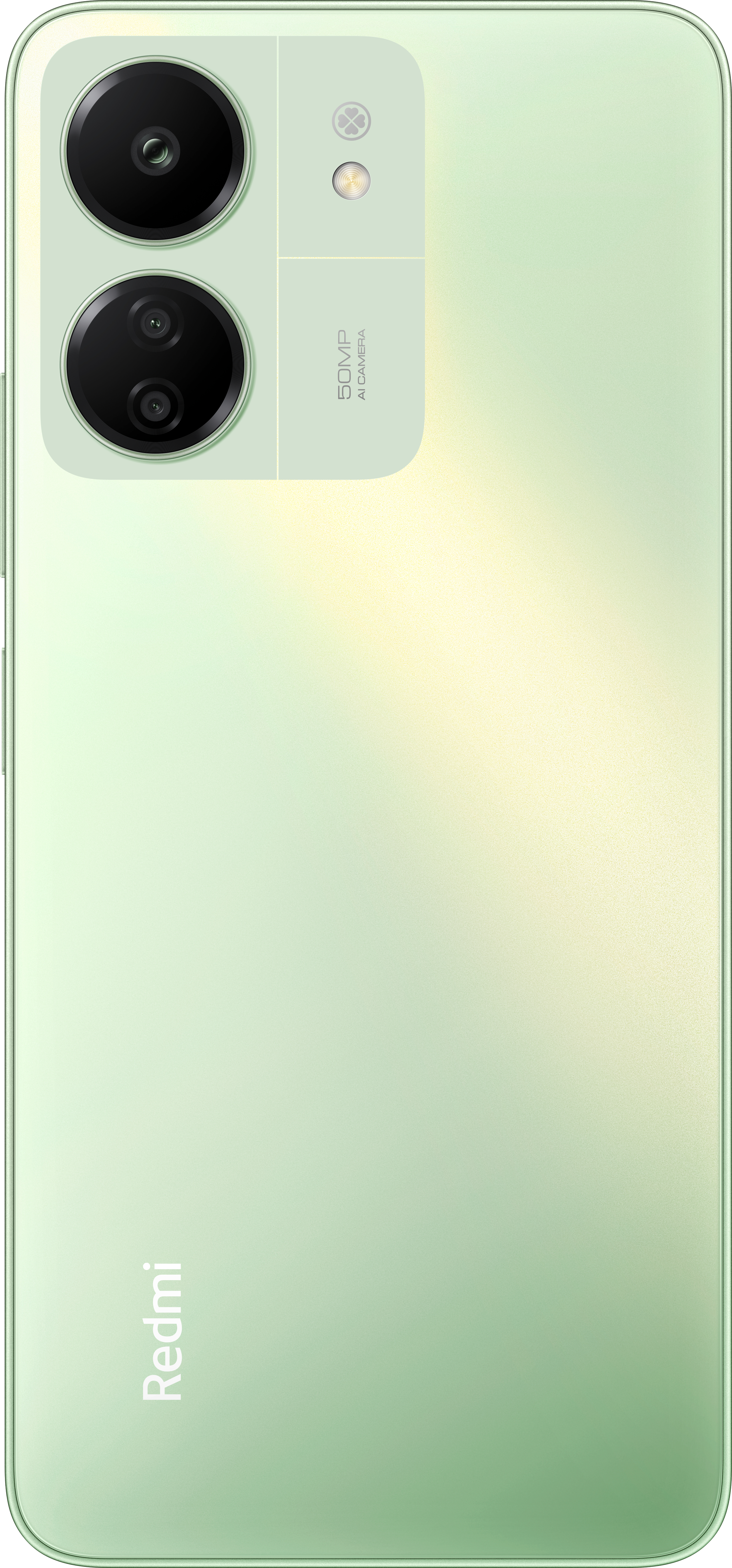 Grüne Smartphone-Rückseite mit Kameras und dem Redmi-Logo.