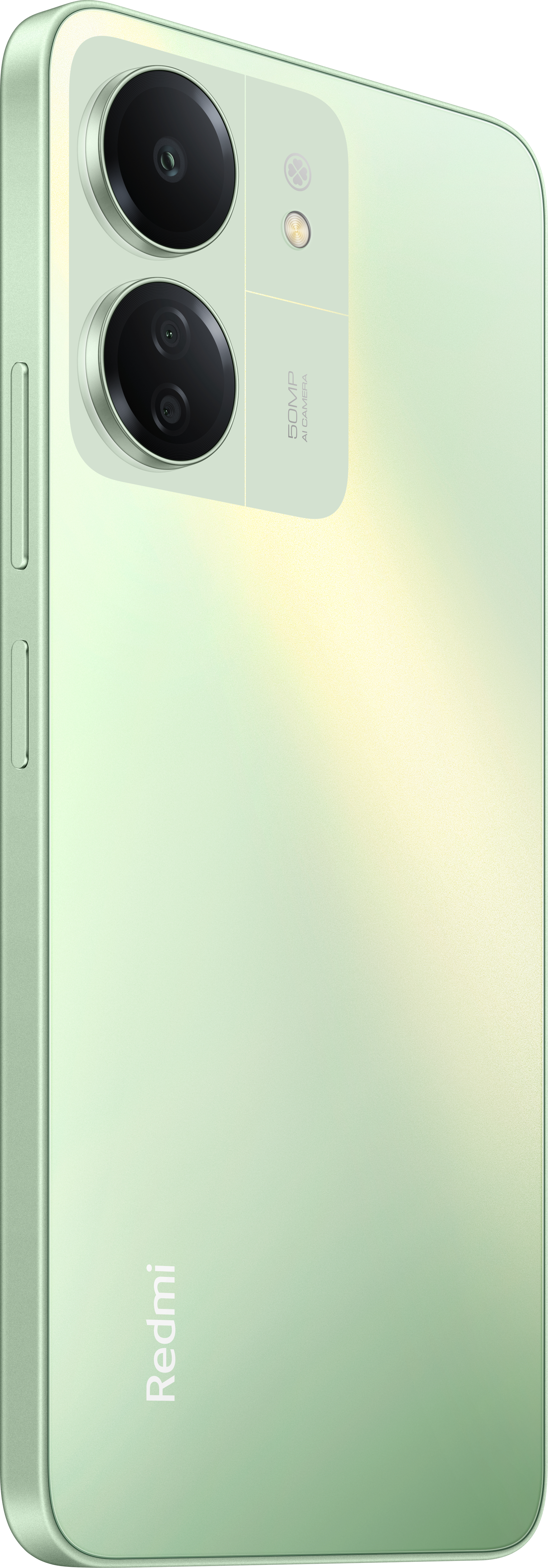Grünes Smartphone mit Dual-Kameras, leicht angewinkelt, mit dem Redmi-Logo.
