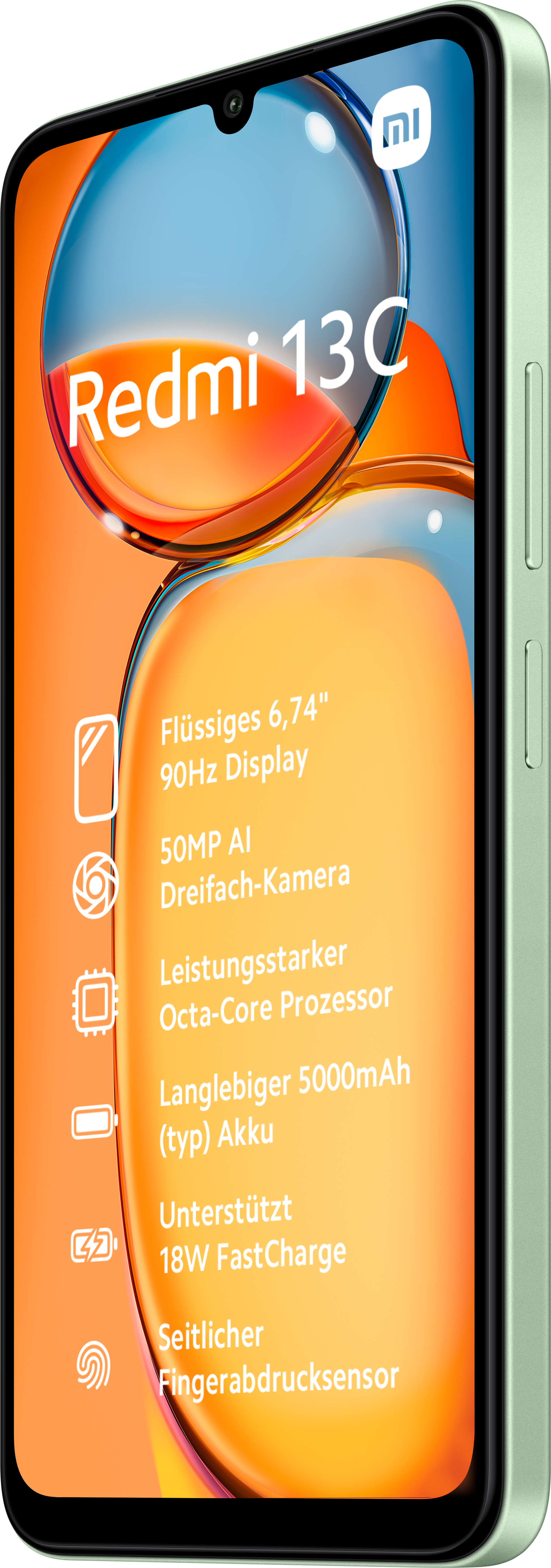 Ein mintgrünes Redmi 13C-Telefon. Der Bildschirm zeigt Informationen dazu.
