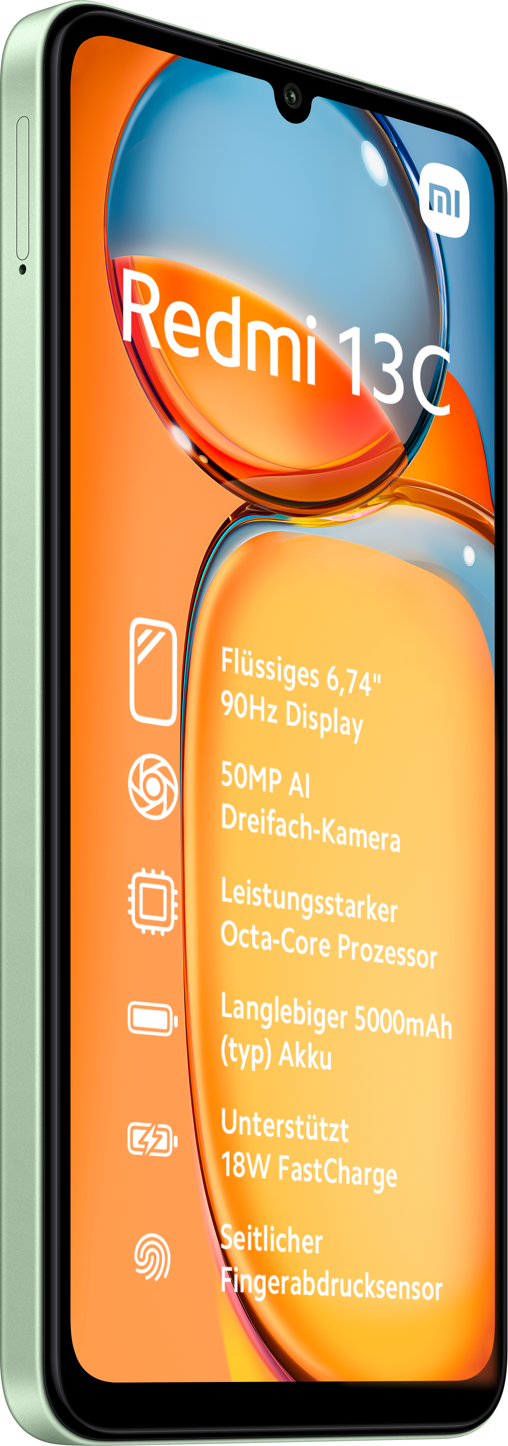 Ein grünes Smartphone mit einem Bildschirm, der Funktionen und Text anzeigt.
