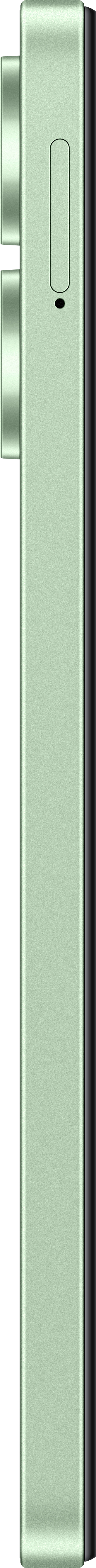 Ein grünes Telefon mit Seitenprofil, mit den Kameratasten. Weißer Hintergrund.