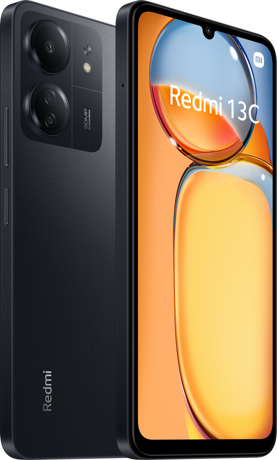 Un teléfono Redmi 13C negro. La pantalla muestra un fondo de pantalla colorido.