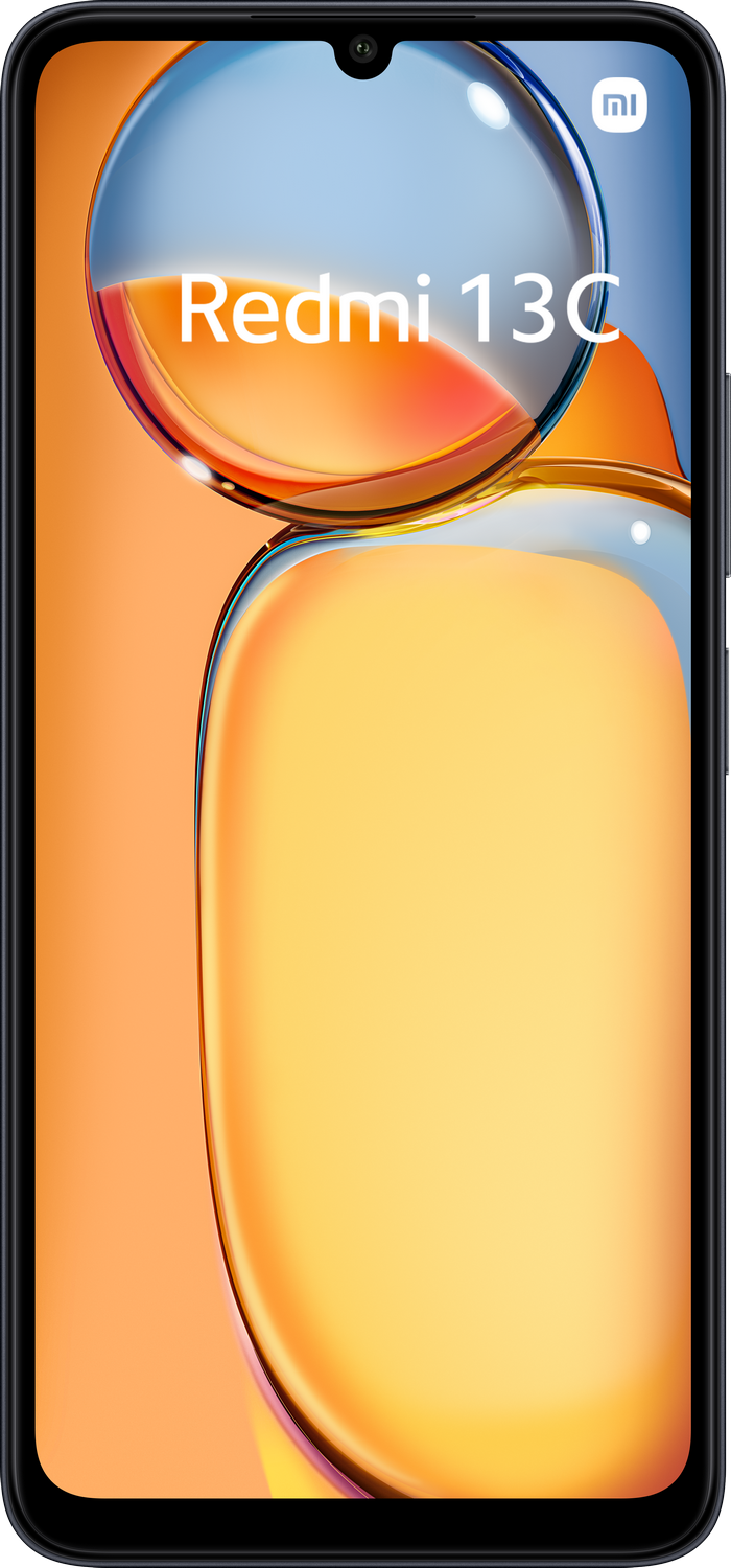 Teléfono inteligente Redmi 13C con muesca de gota de agua, configuración de triple cámara y fondo colorido.