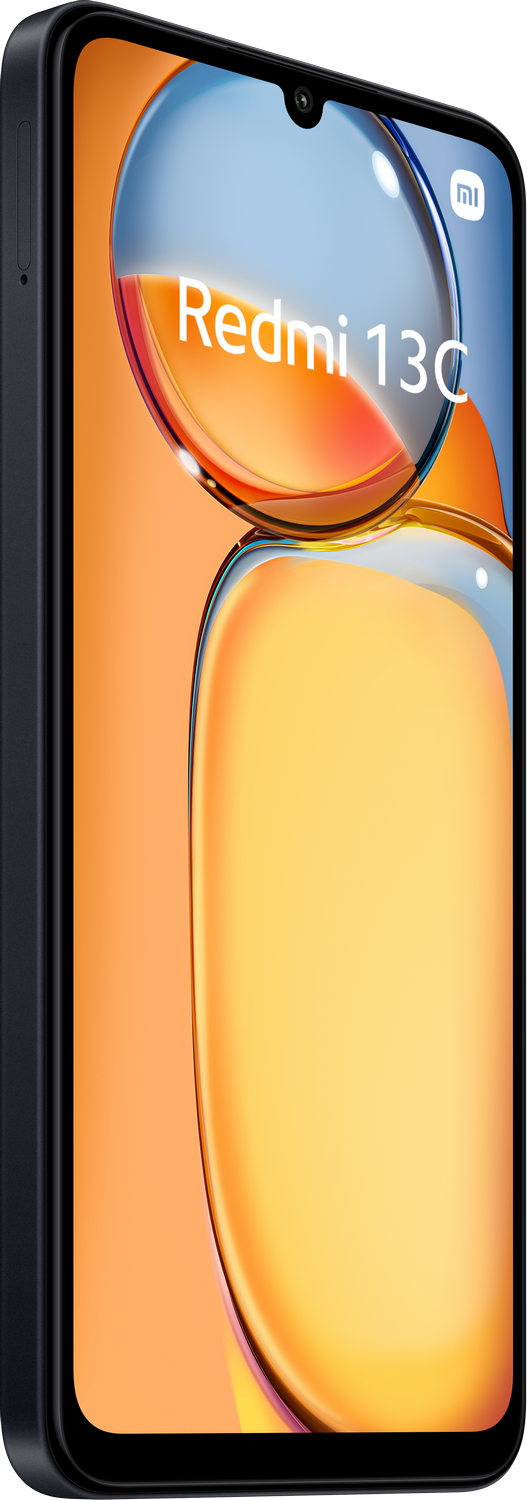 Teléfono Redmi 13C negro, vista en ángulo, muestra pantalla con texto Redmi 13C y fondo azul y naranja.