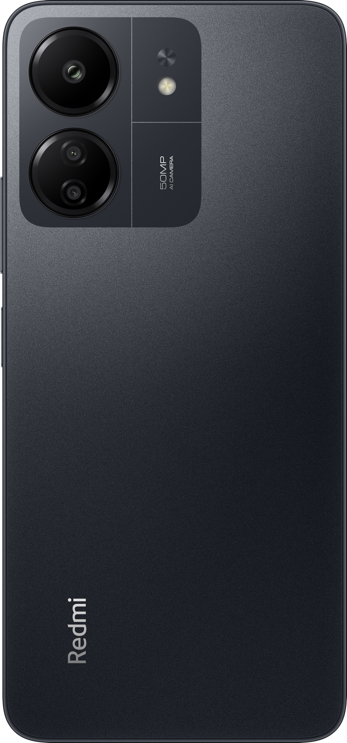 Smartphone Redmi gris oscuro, vista trasera, mostrando la cámara y el logo Redmi.