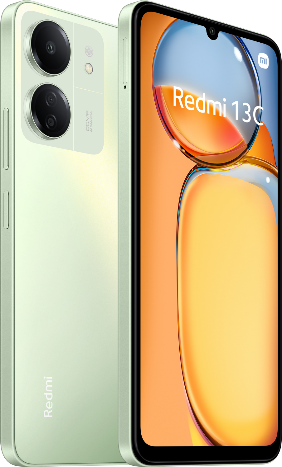 Smartphone verde, vistas trasera y frontal, mostrando el logo Redmi.