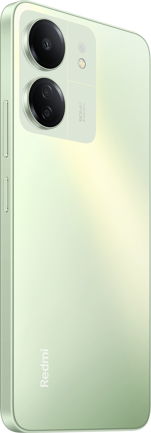 Smartphone verde con cámaras duales, logo Redmi y parte trasera verde claro.