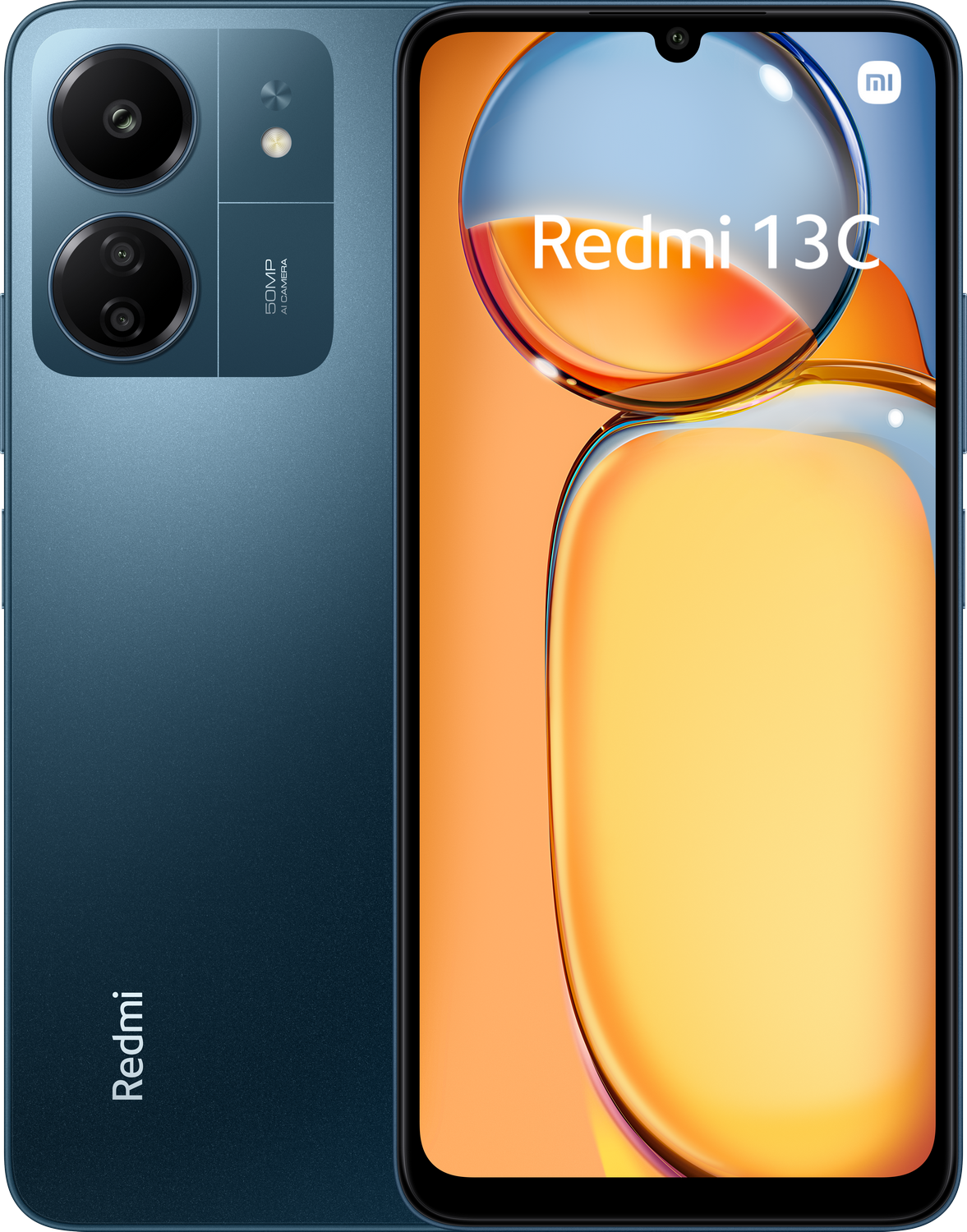 Teléfono Redmi 13C. Parte trasera azul con lentes de cámara. La pantalla muestra el nombre Redmi 13C.
