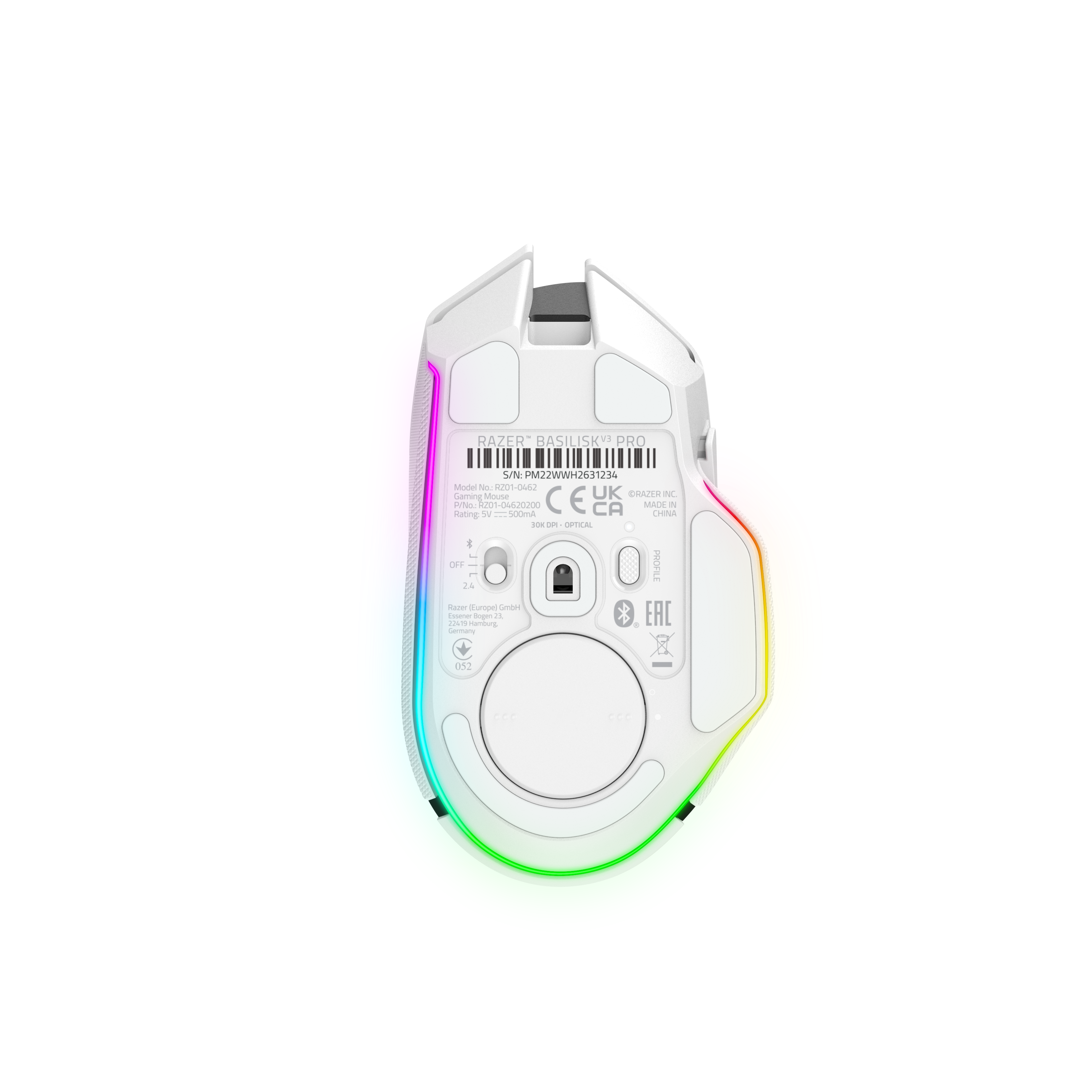 Beyaz oyun faresi, alt görünüm, kenarlarda renkli RGB aydınlatma ile.