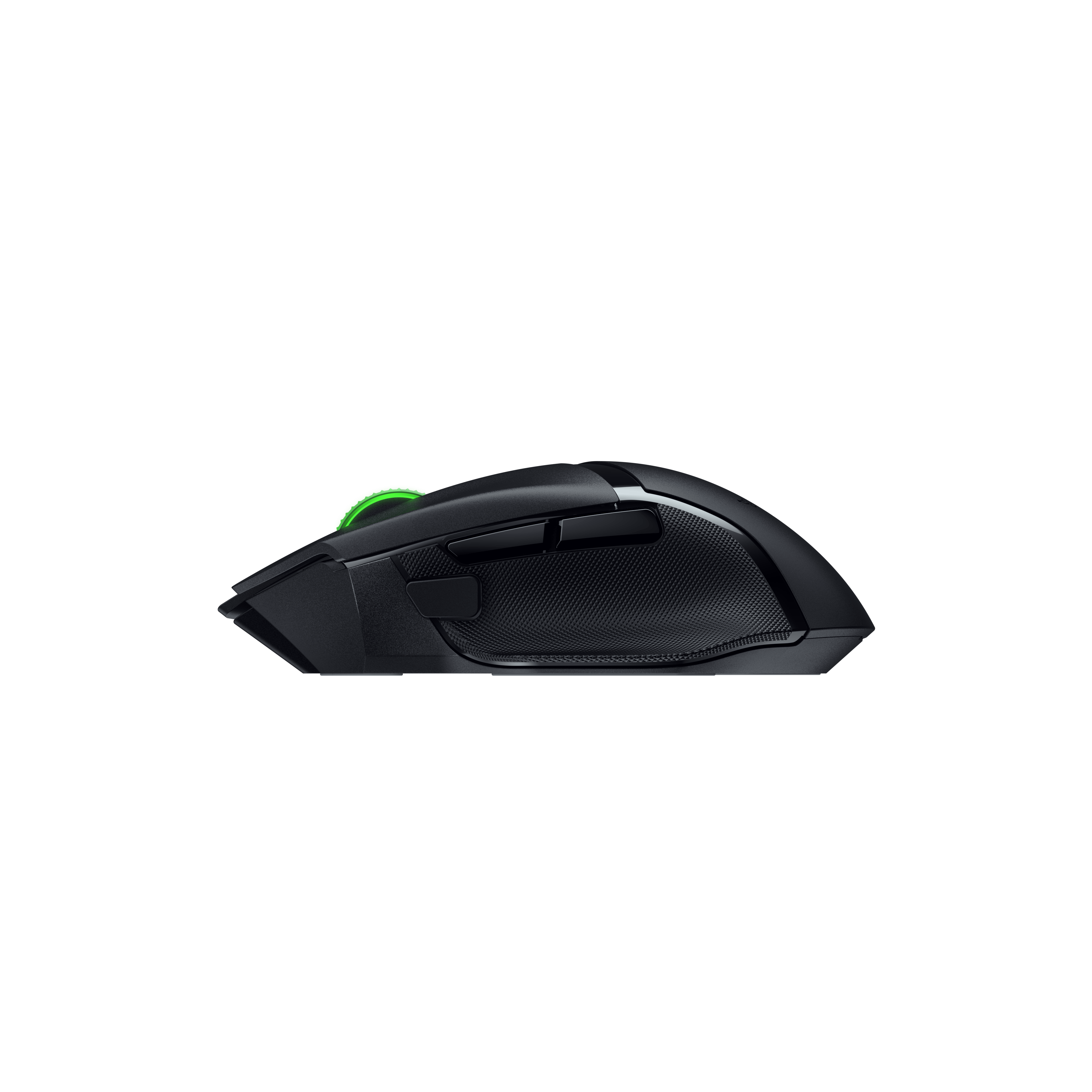 Siyah zemin üzerinde yeşil kaydırma tekerleği olan siyah Razer oyun faresi.