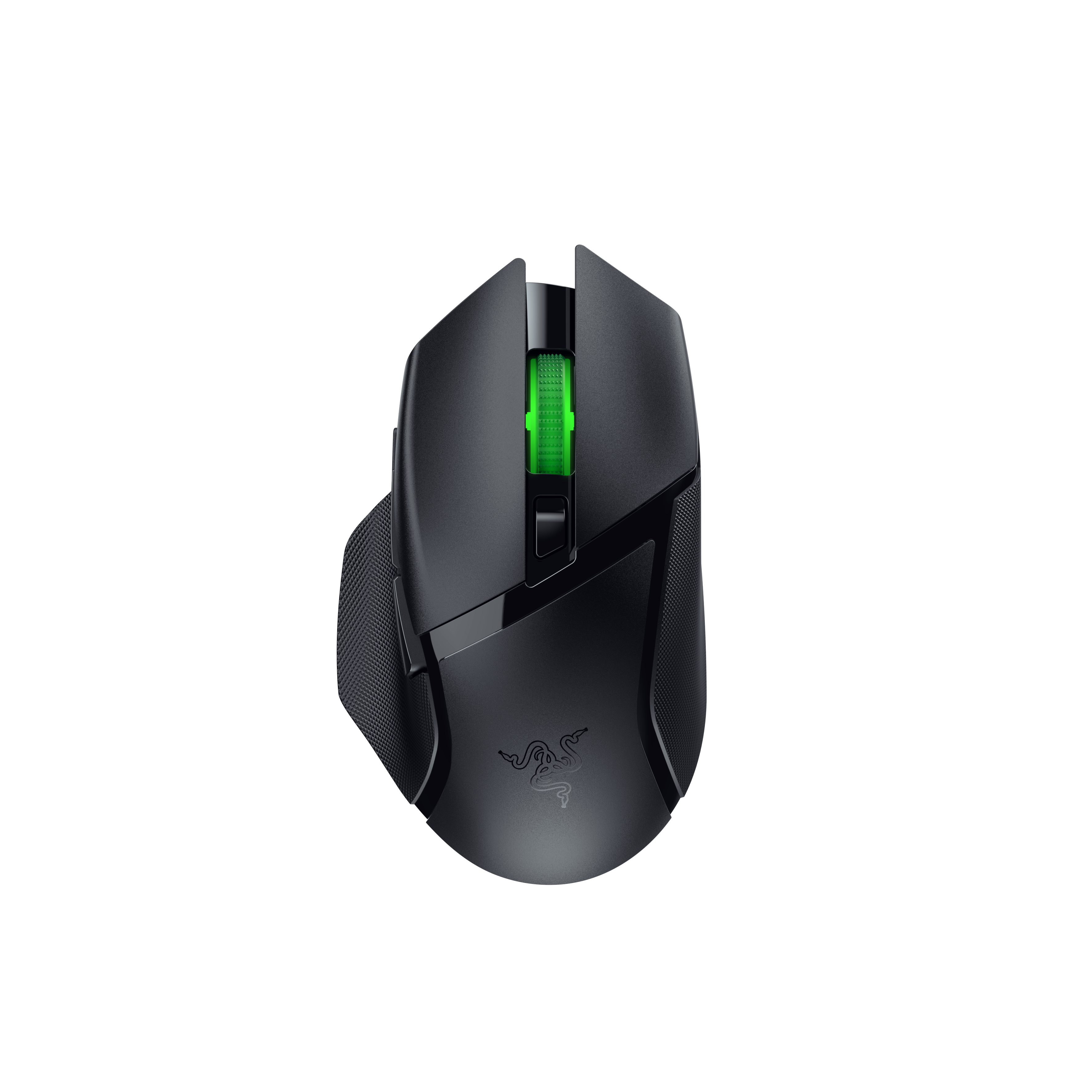 Siyah Razer oyun faresi, yeşil kaydırma tekerleği ve Razer logosu ile siyah zeminde.