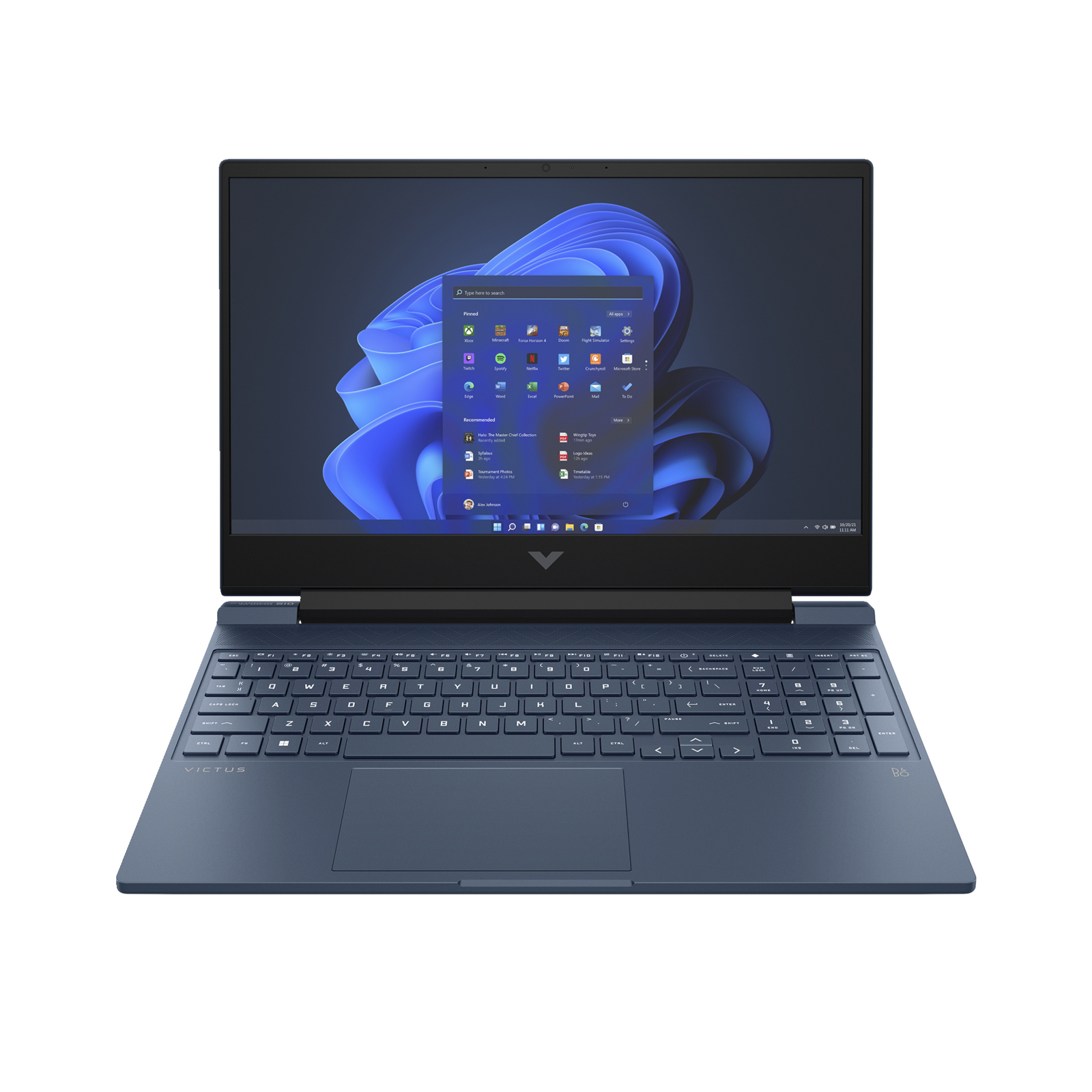 Ekranında Windows 11 arayüzü açık olan mavi bir dizüstü bilgisayar. Klavye de mavi.