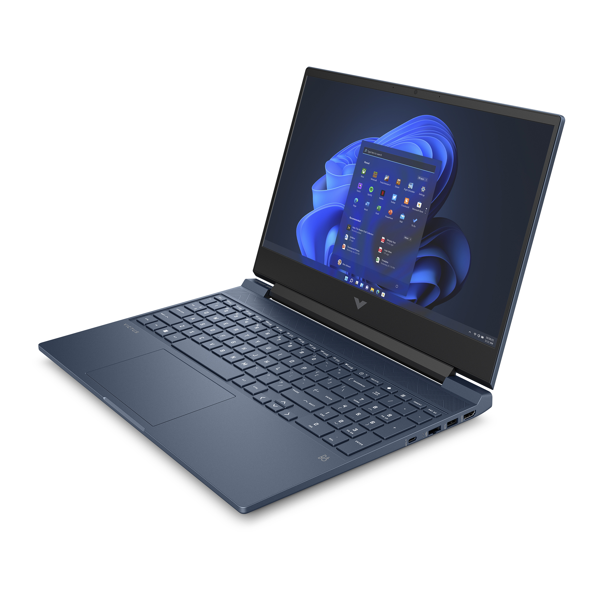 Beyaz arka plan üzerinde mavi dizüstü bilgisayar. Ekran Windows masaüstünü gösteriyor. Açık ve eğimli.