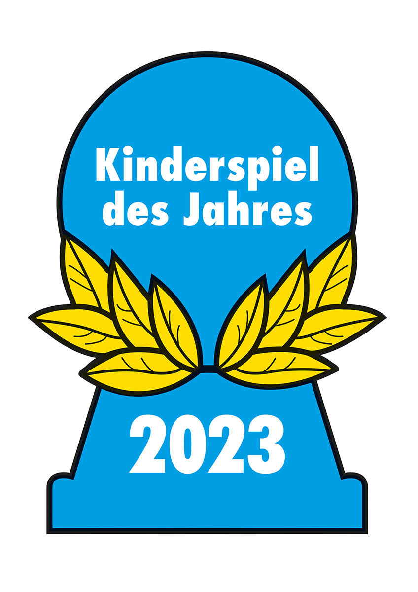 Eine blaue Auszeichnung für "Kinderspiel des Jahres 2023" mit Schlüsselloch und Blättern.