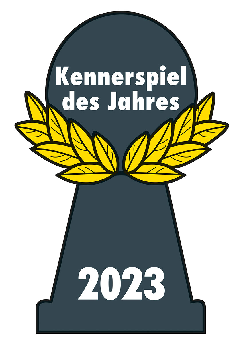 Schlüssellochform mit Lorbeerkranz und Text: "Kennerspiel des Jahres 2023". Dunkler Hintergrund, gelbe Details.