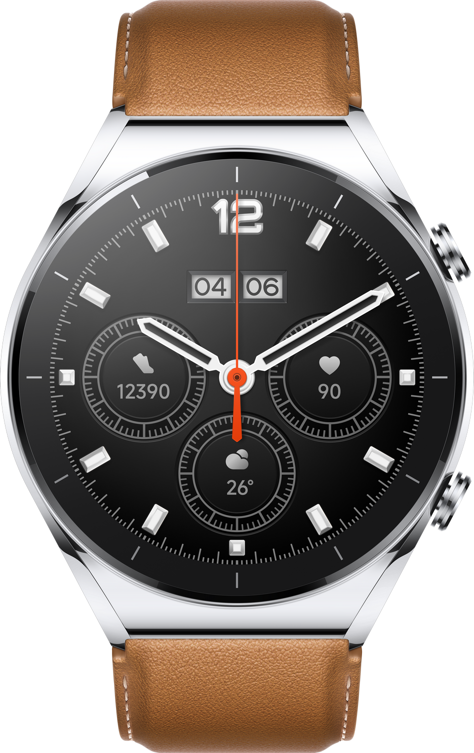 Reloj inteligente con esfera negra, correa marrón y visualización de la hora.