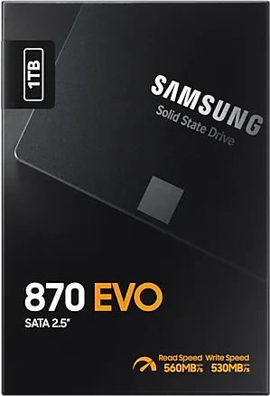 Fekete Samsung 870 EVO SSD, 1 TB felirattal, olvasási/írási sebességgel.