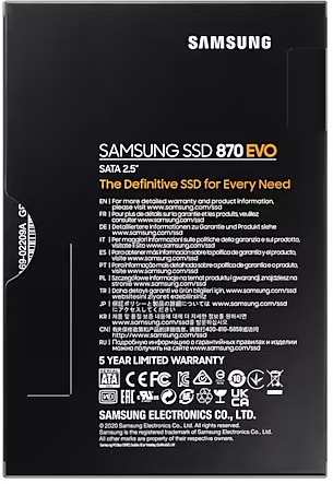 Fekete doboz szöveggel: Samsung SSD 870 EVO. A tökéletes SSD minden igényhez.