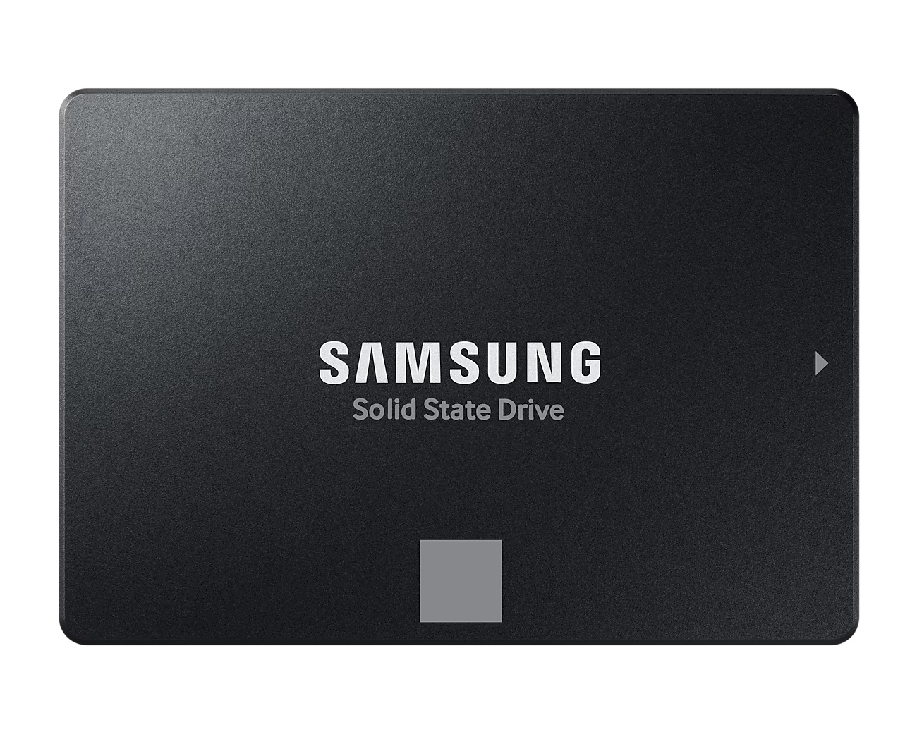 Egy fekete Samsung Solid State meghajtó. A logó fehér.