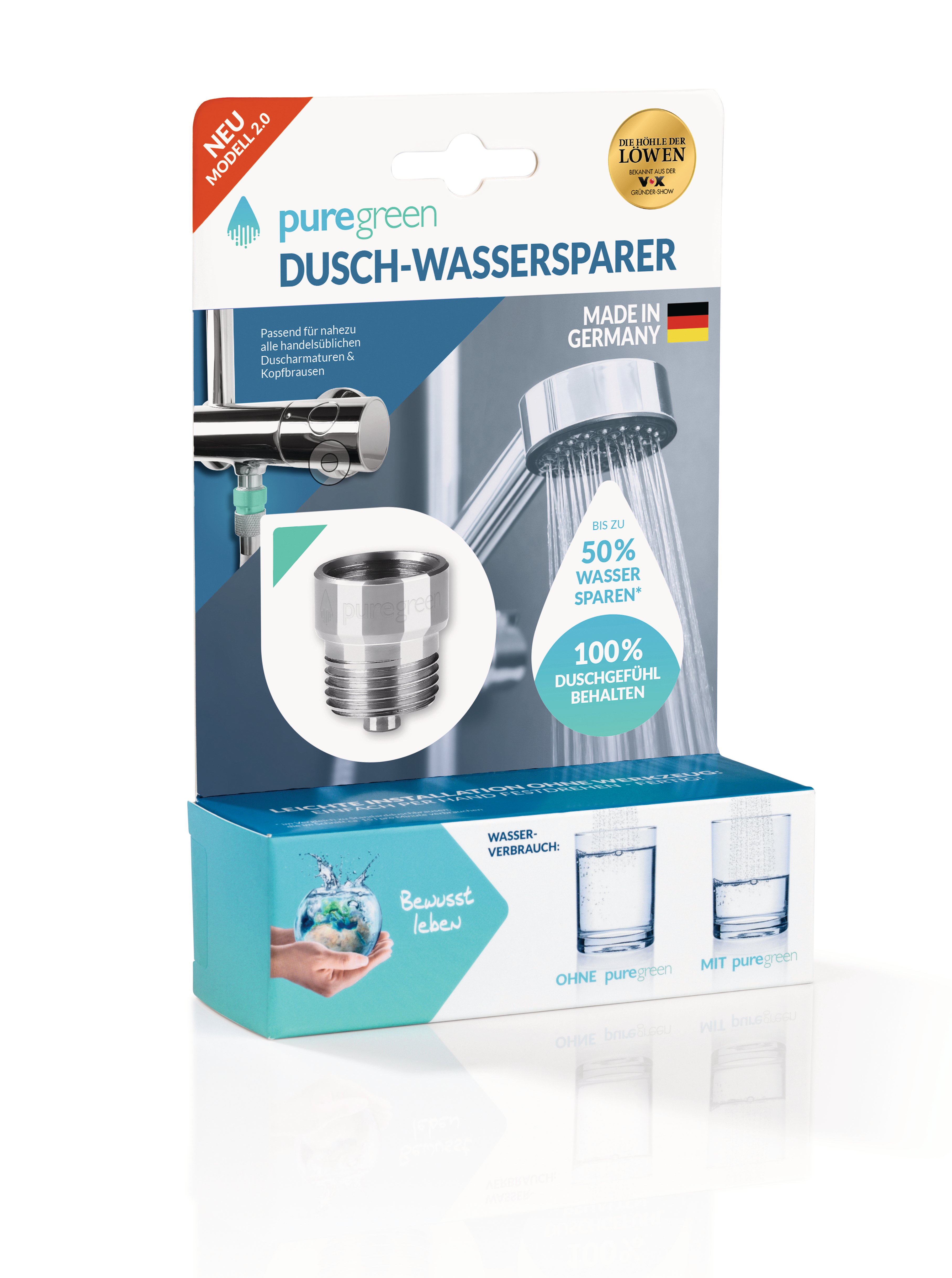 Verpackung für einen wassersparenden Duschkopfaufsatz. Sie zeigt das Produkt und seine Vorteile.