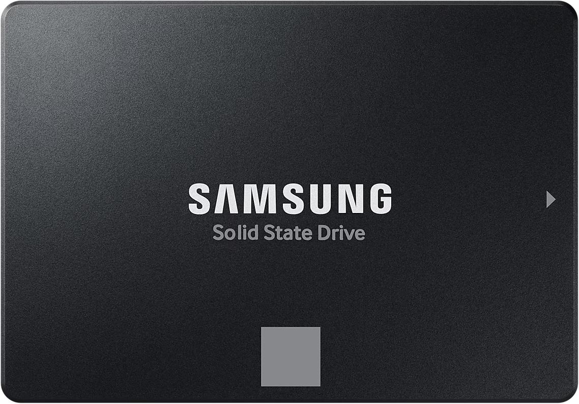 Fekete Samsung Solid State meghajtó, fehér Samsung logóval.