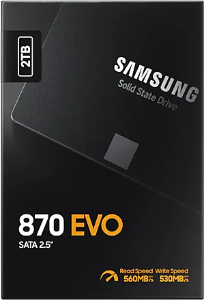 Fekete Samsung 870 EVO SSD doboz, szöveggel és specifikációkkal, 2TB kapacitás kiemelve.