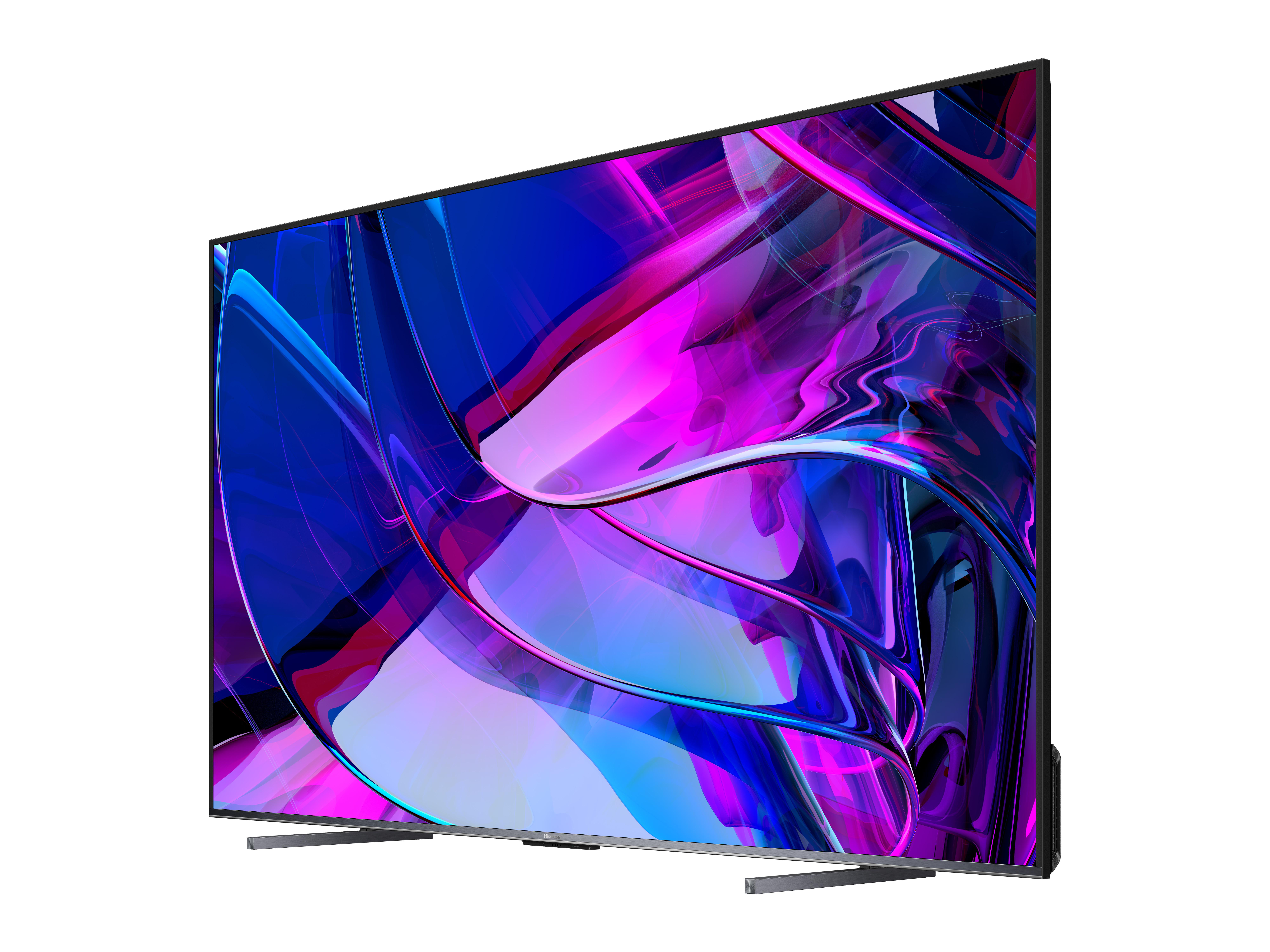 Großer Flachbildfernseher mit farbenfroher, abstrakter Kunst. Schwarzer Rahmen, silberner Ständer. Weißer Hintergrund.