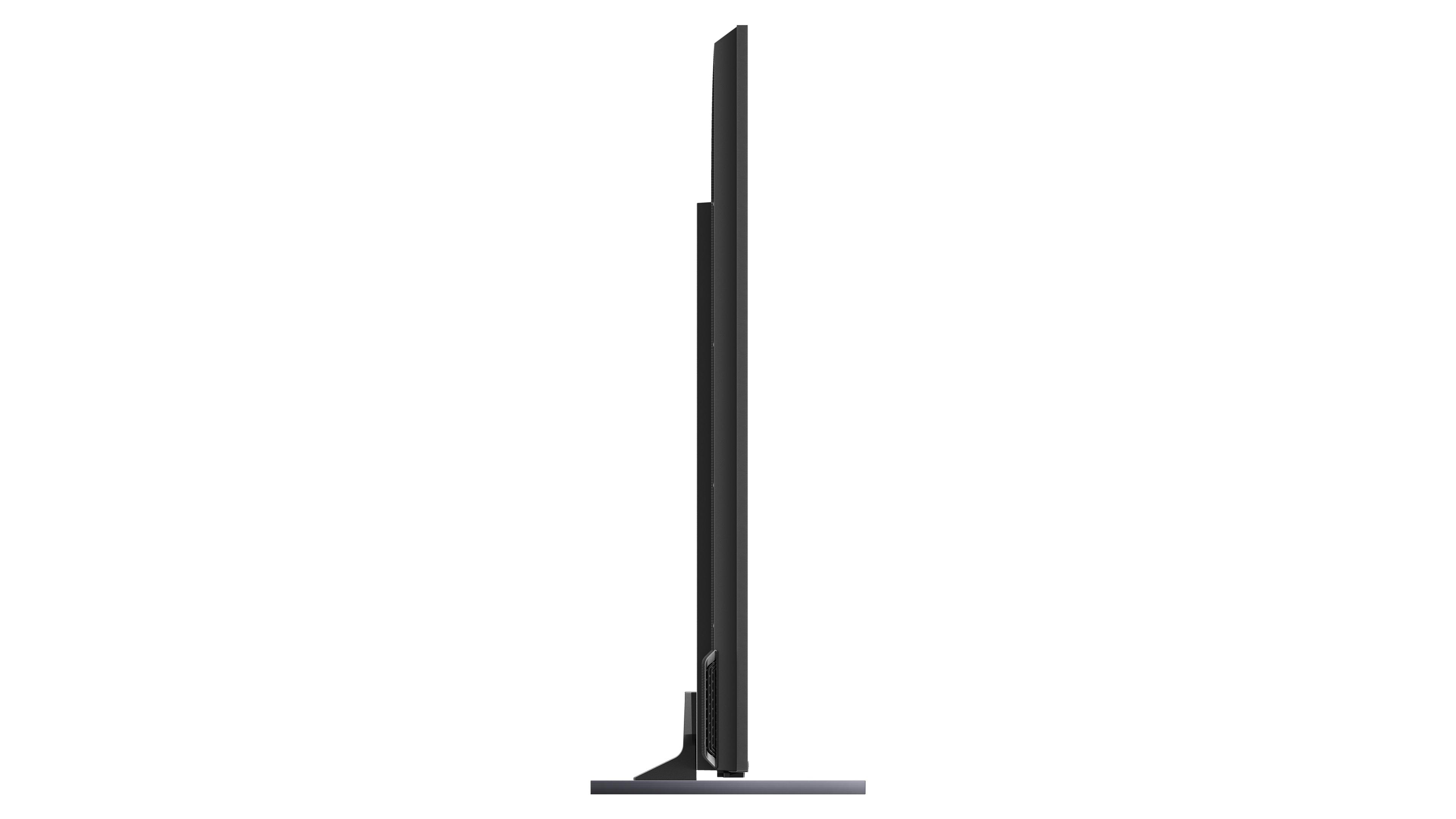 Seitenansicht eines schwarzen Fernsehers auf weißem Hintergrund. Der Fernseher ist schlank und hat einen Ständer.