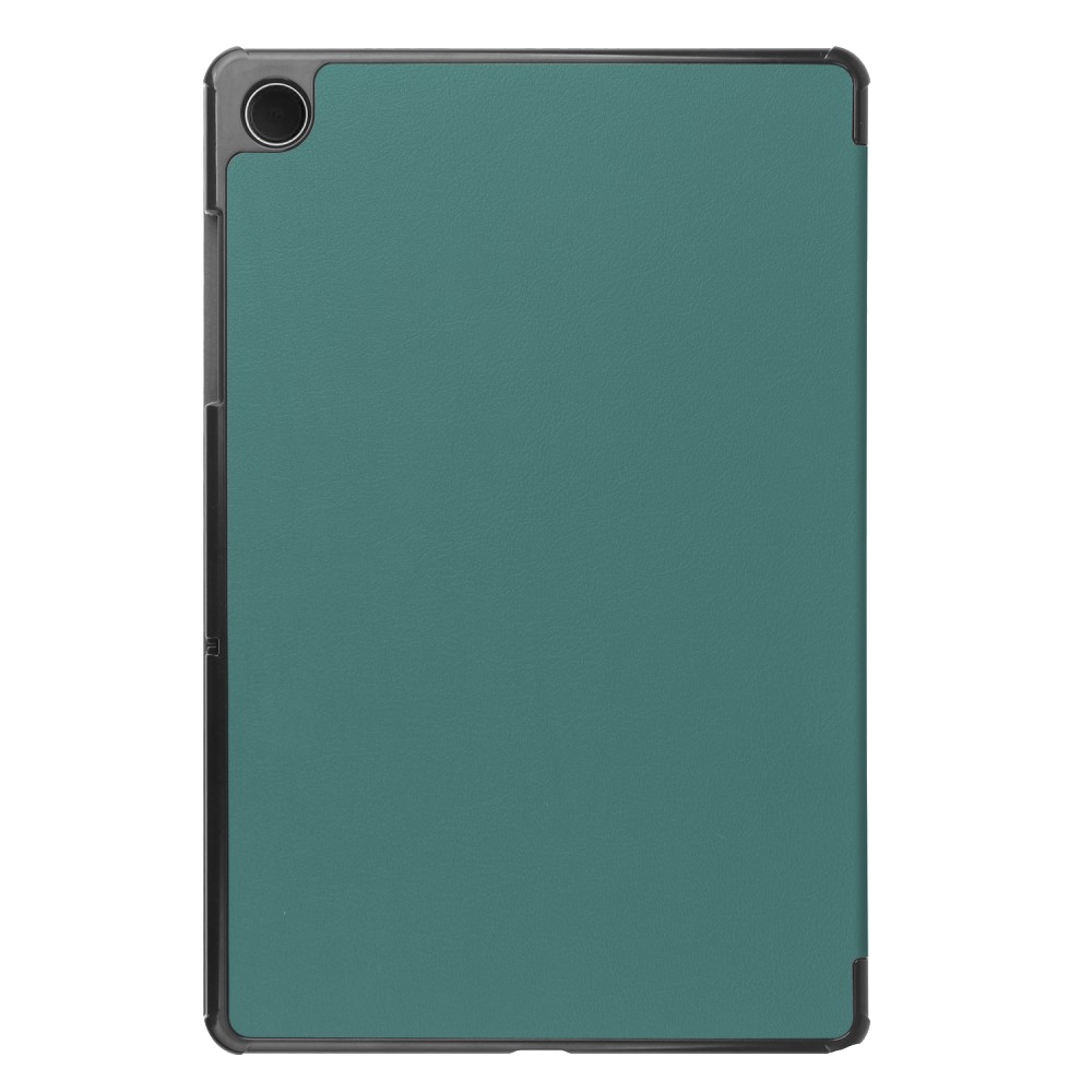 A teal tablet in a black case. The screen is visible. It has a camera.