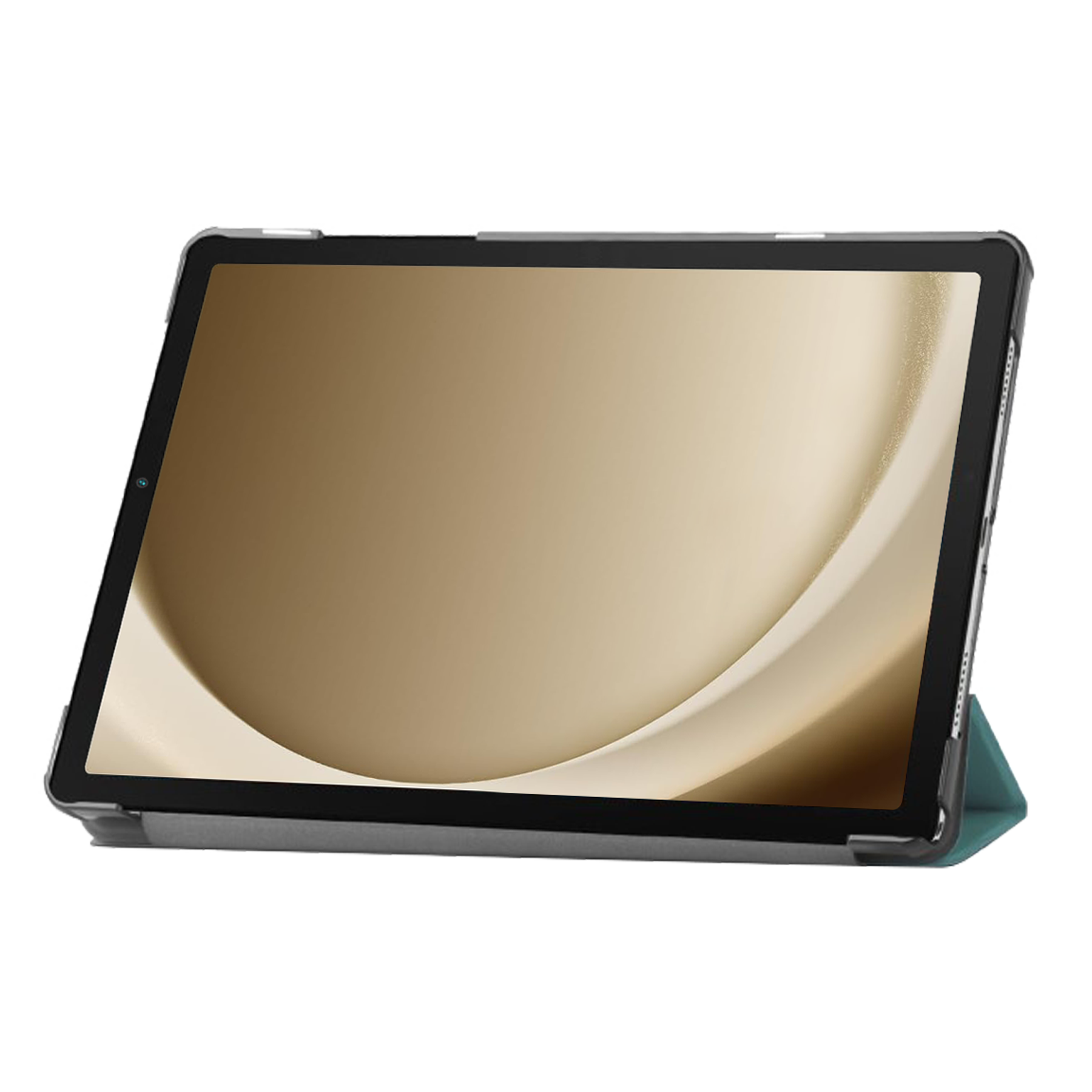 Tablet with a gold background, in a case.