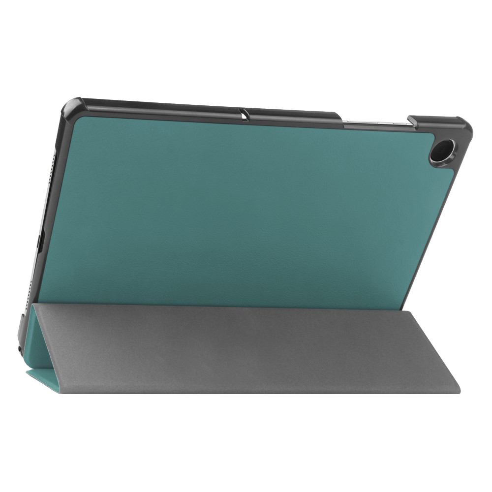 A teal tablet case folded into a stand. Tablet is visible in the case.