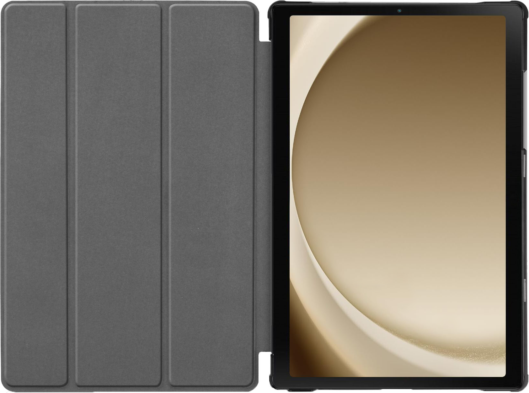 A tablet with a case open. The tablet is dark with a screen displaying a light background.