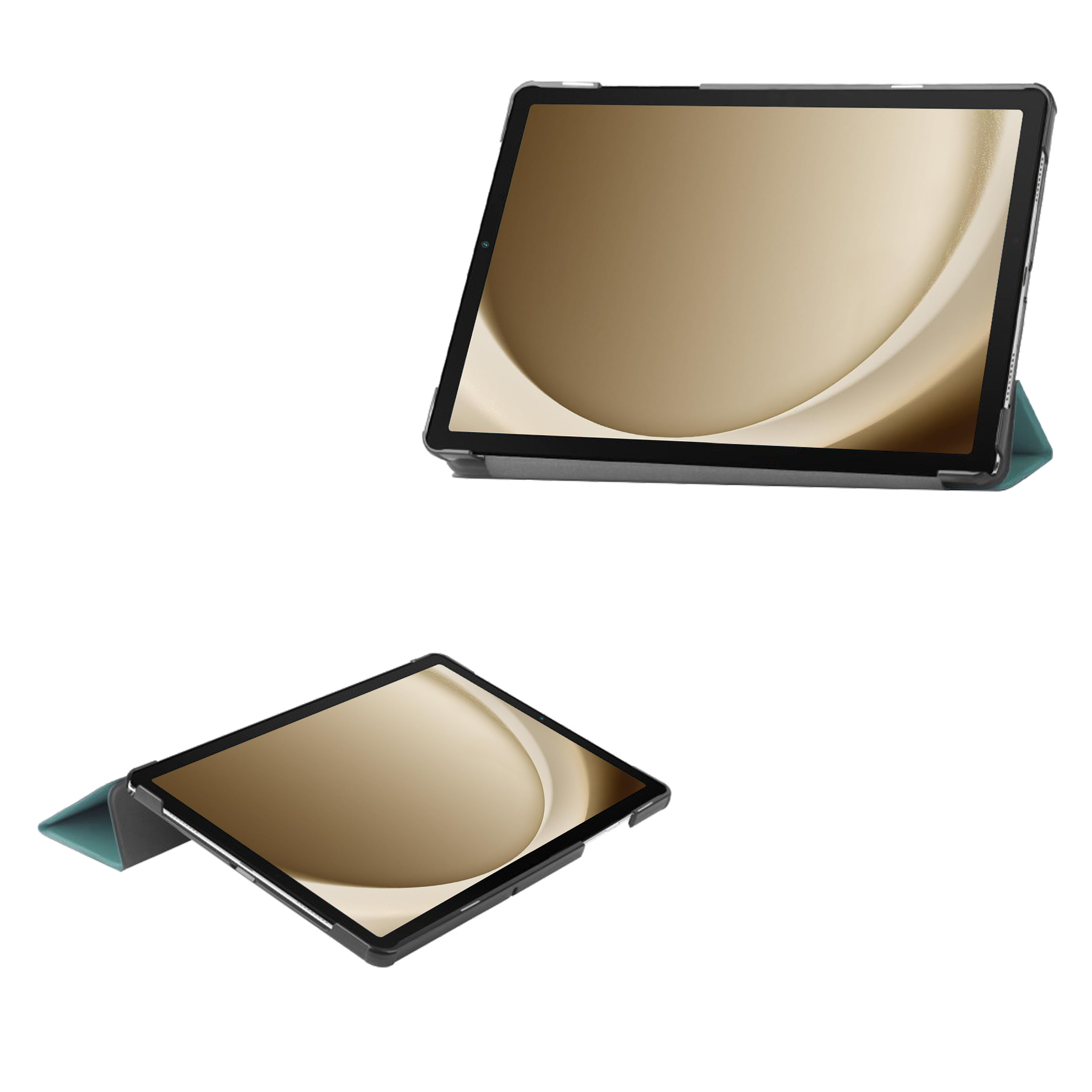 Tablet in a case, two views. One with screen open, and another showing the side. Gold display.