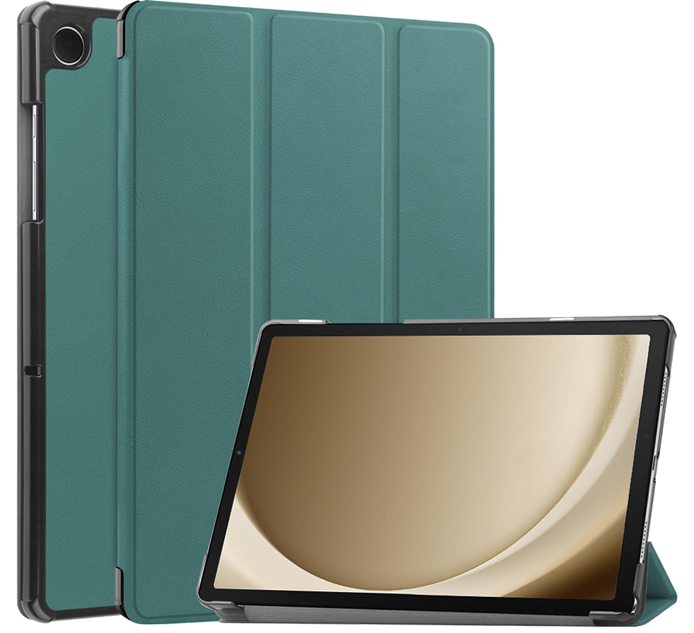 A tablet with a teal cover. The tablet has a gold screen. The cover is closed and open.