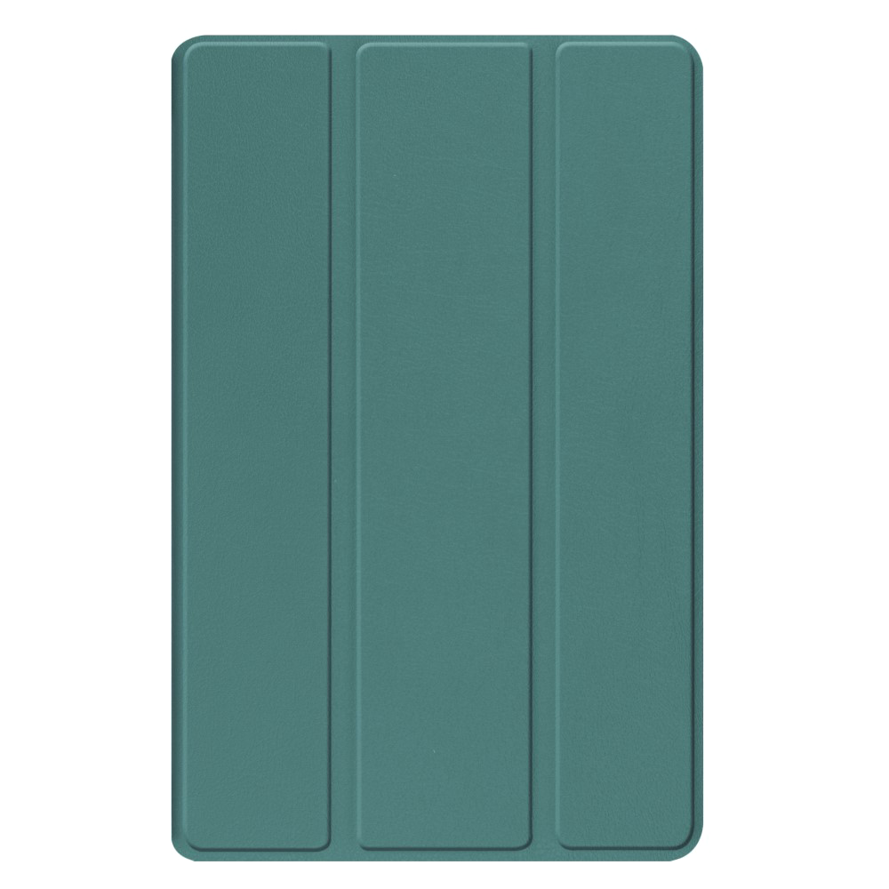 Teal tablet case, closed. Three vertical sections, with subtle texture.