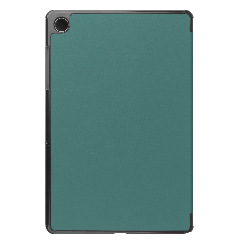 Teal tablet with a black frame and a single camera. The back is plain and has a teal color.
