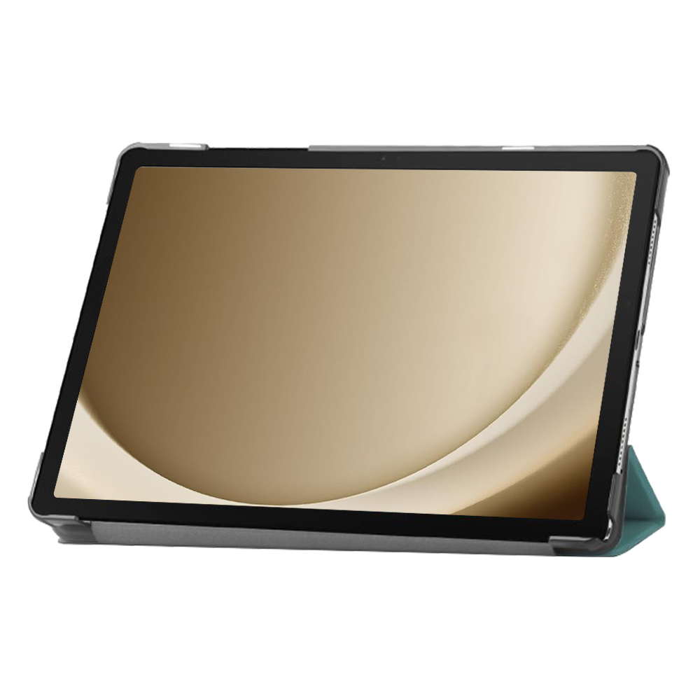 Tablet with a gold screen and a teal cover.